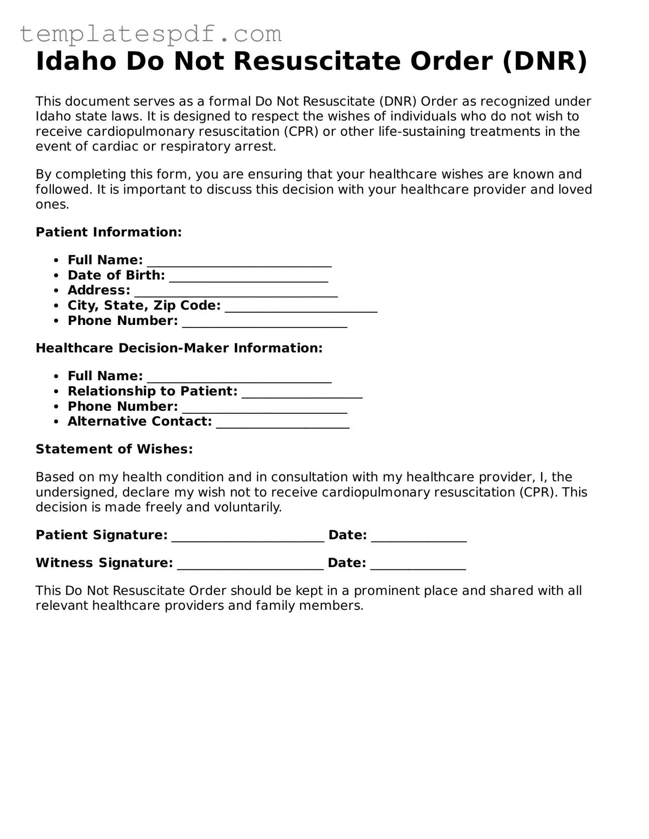 Official  Do Not Resuscitate Order Form for Idaho