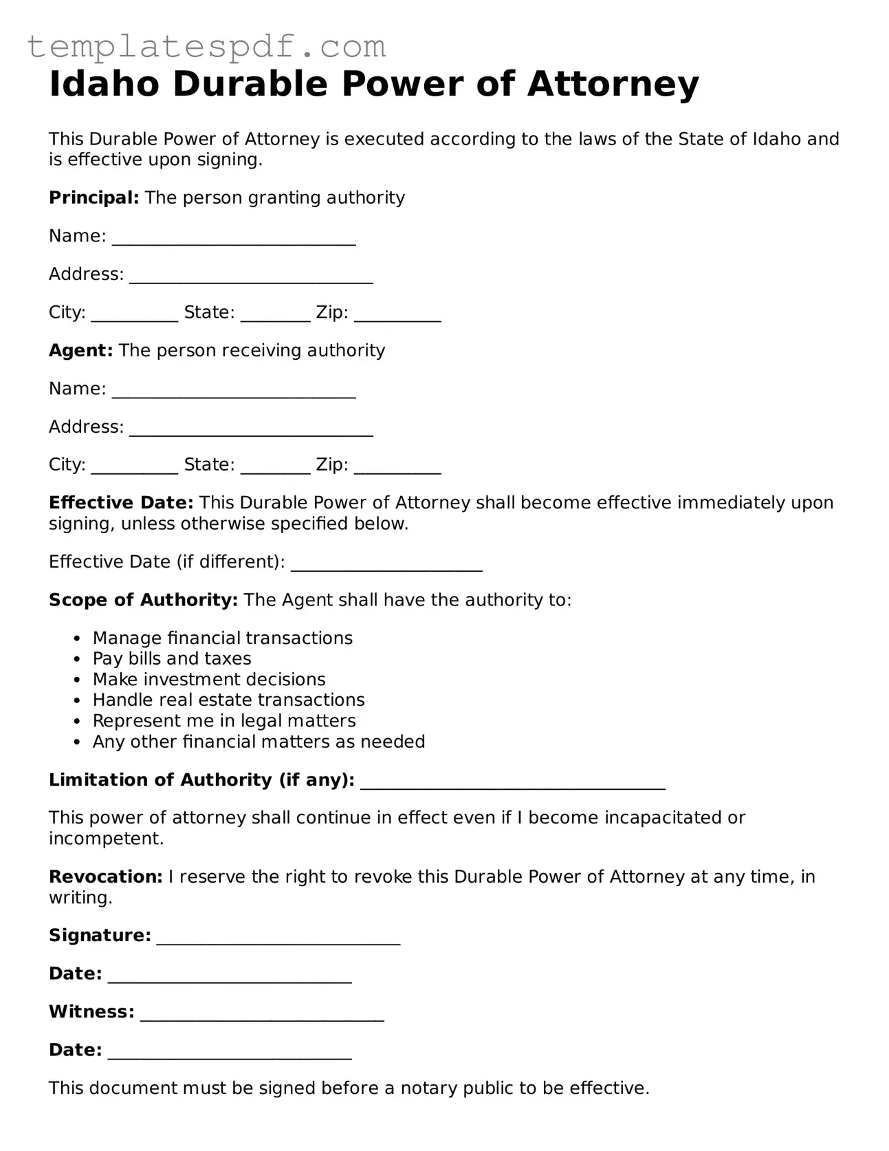 Official  Durable Power of Attorney Form for Idaho