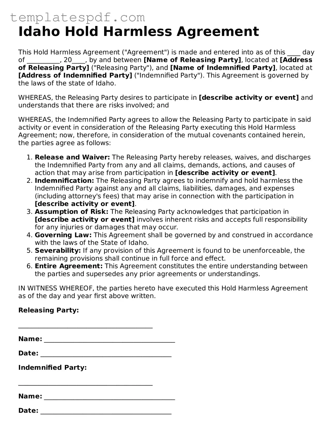 Official  Hold Harmless Agreement Form for Idaho