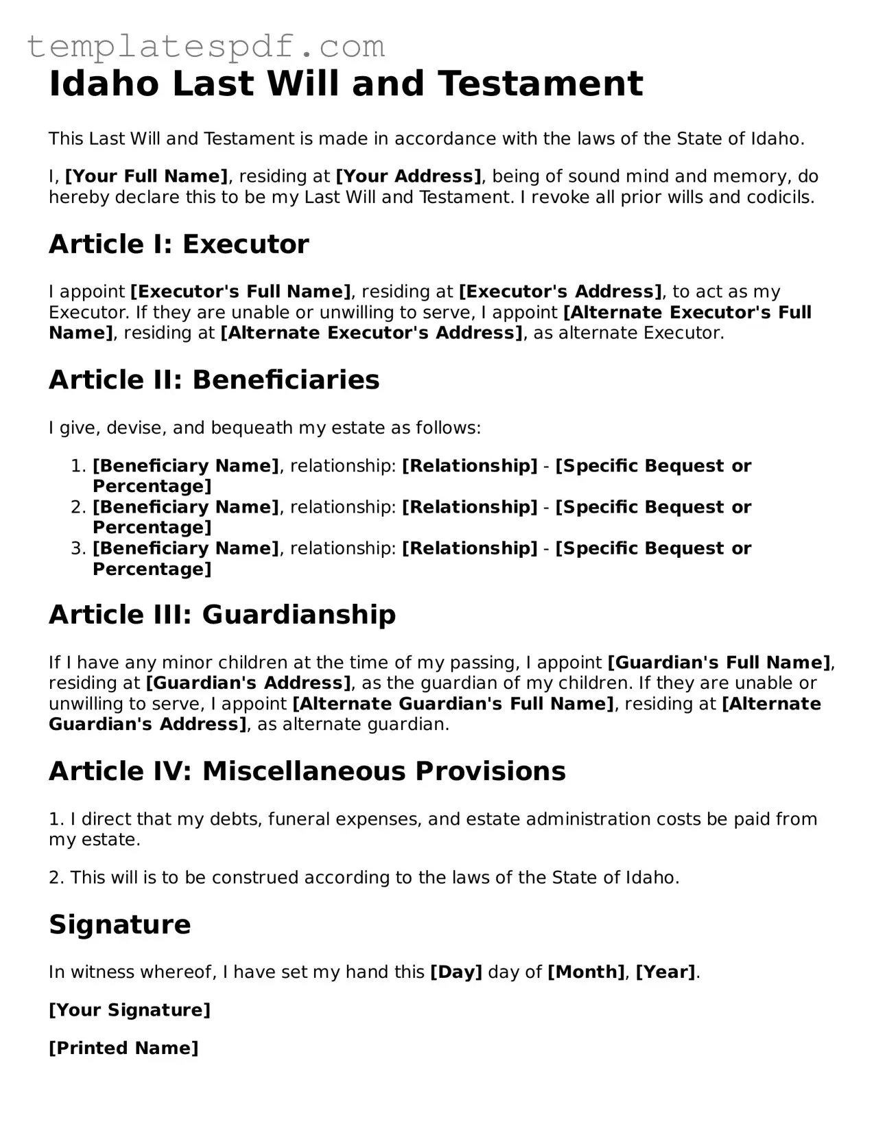 Official  Last Will and Testament Form for Idaho