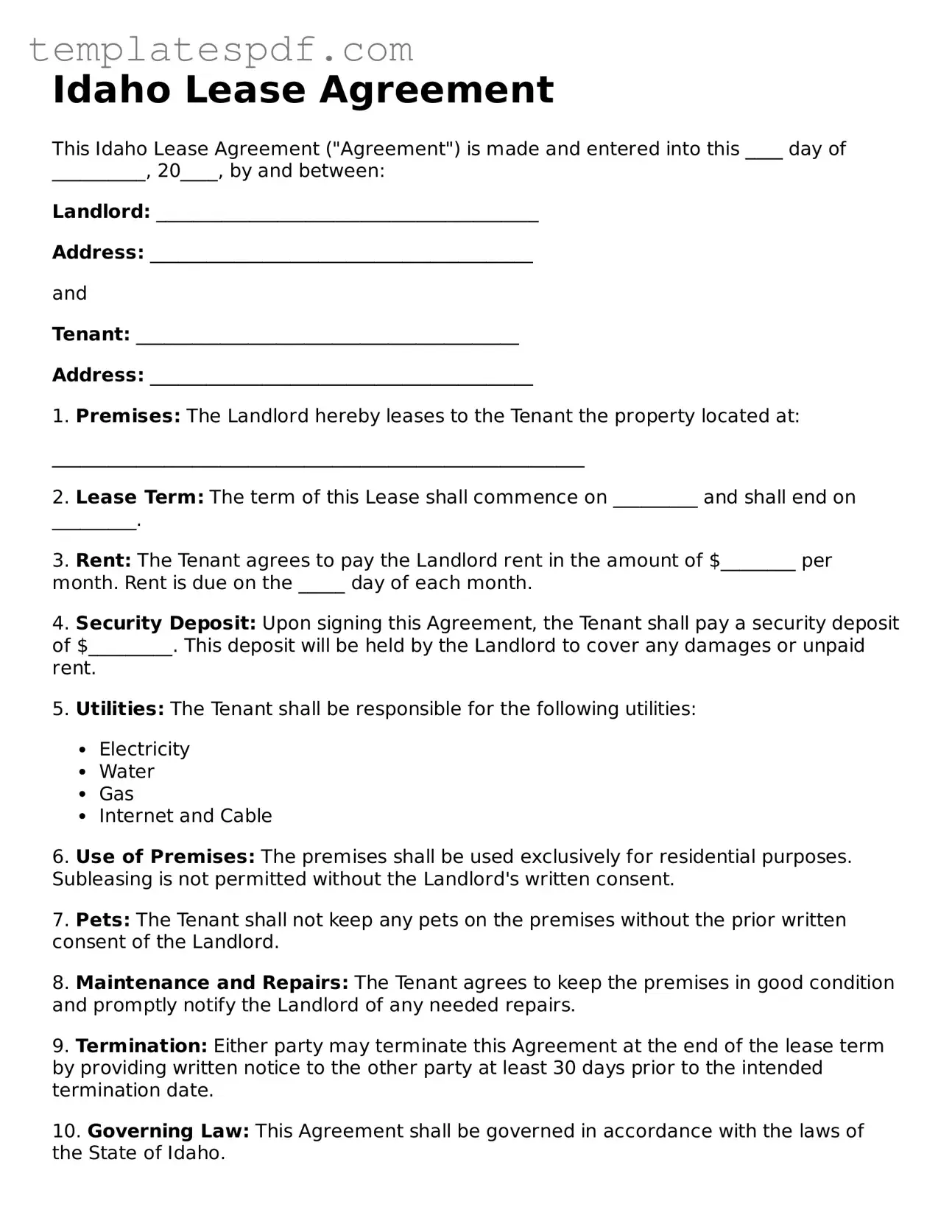 Official  Lease Agreement Form for Idaho