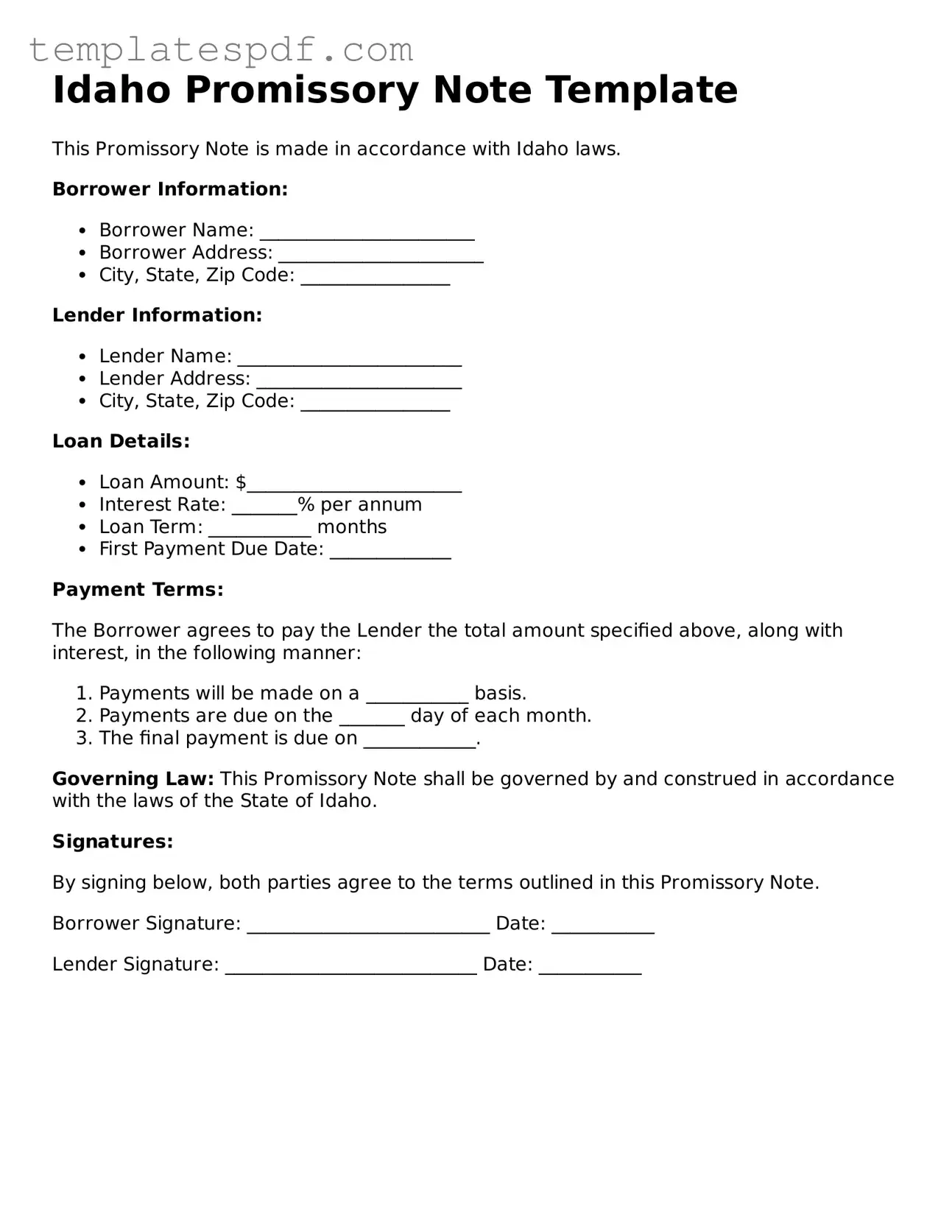 Official  Promissory Note Form for Idaho