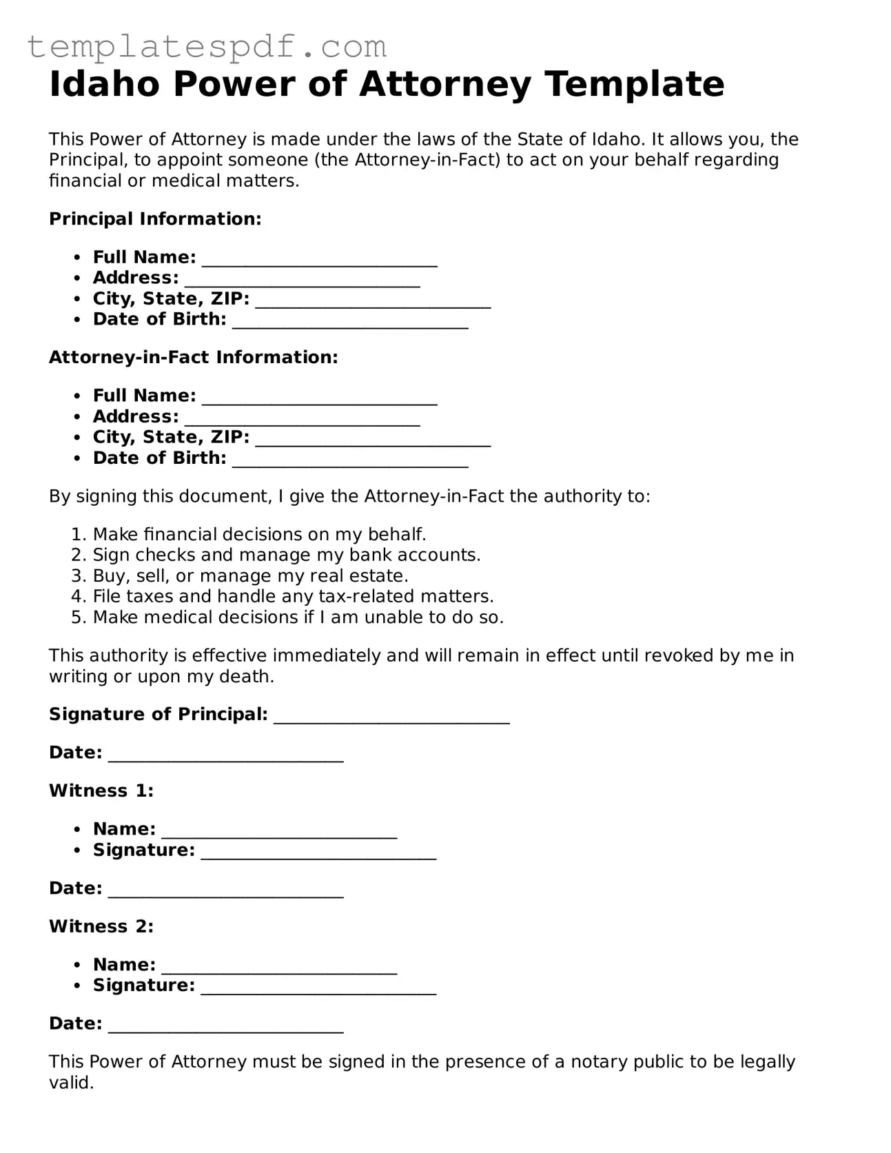 Official  Power of Attorney Form for Idaho