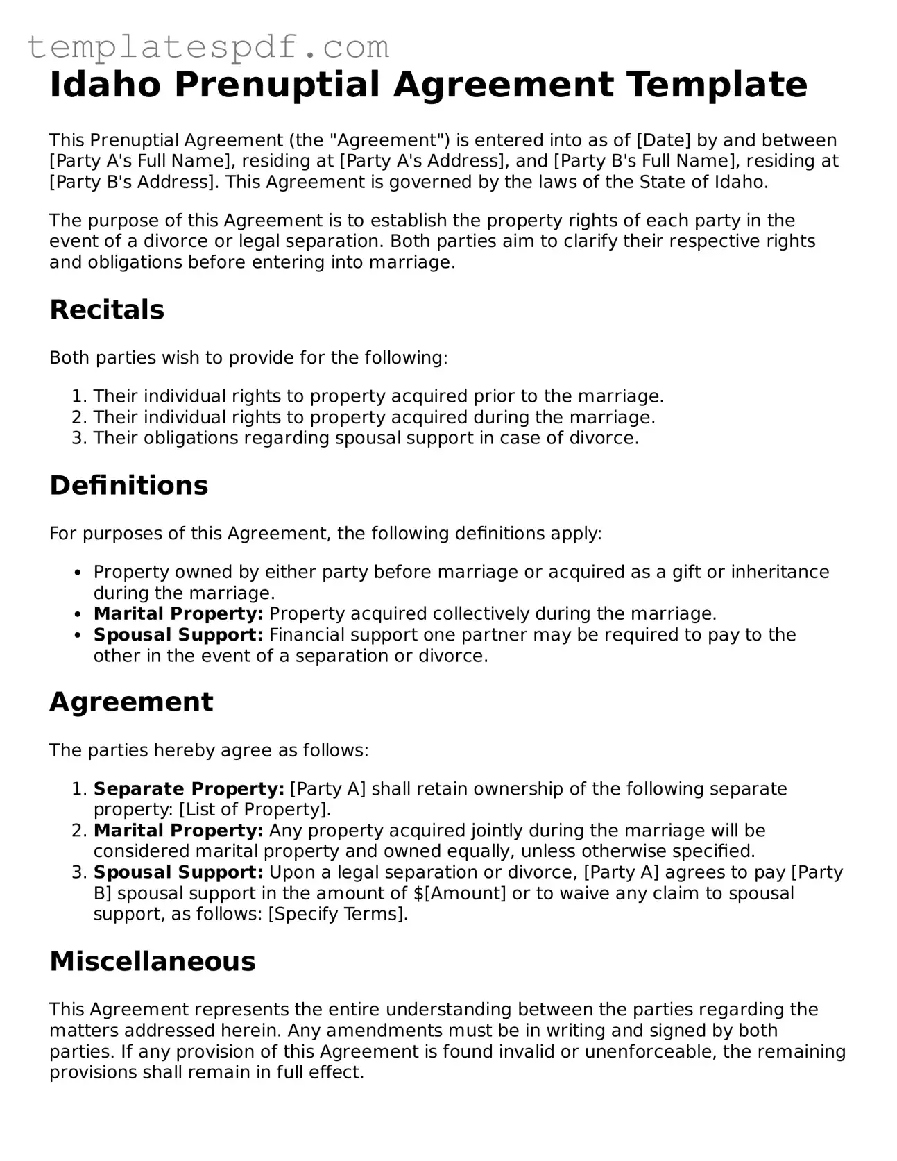 Official  Prenuptial Agreement Form for Idaho