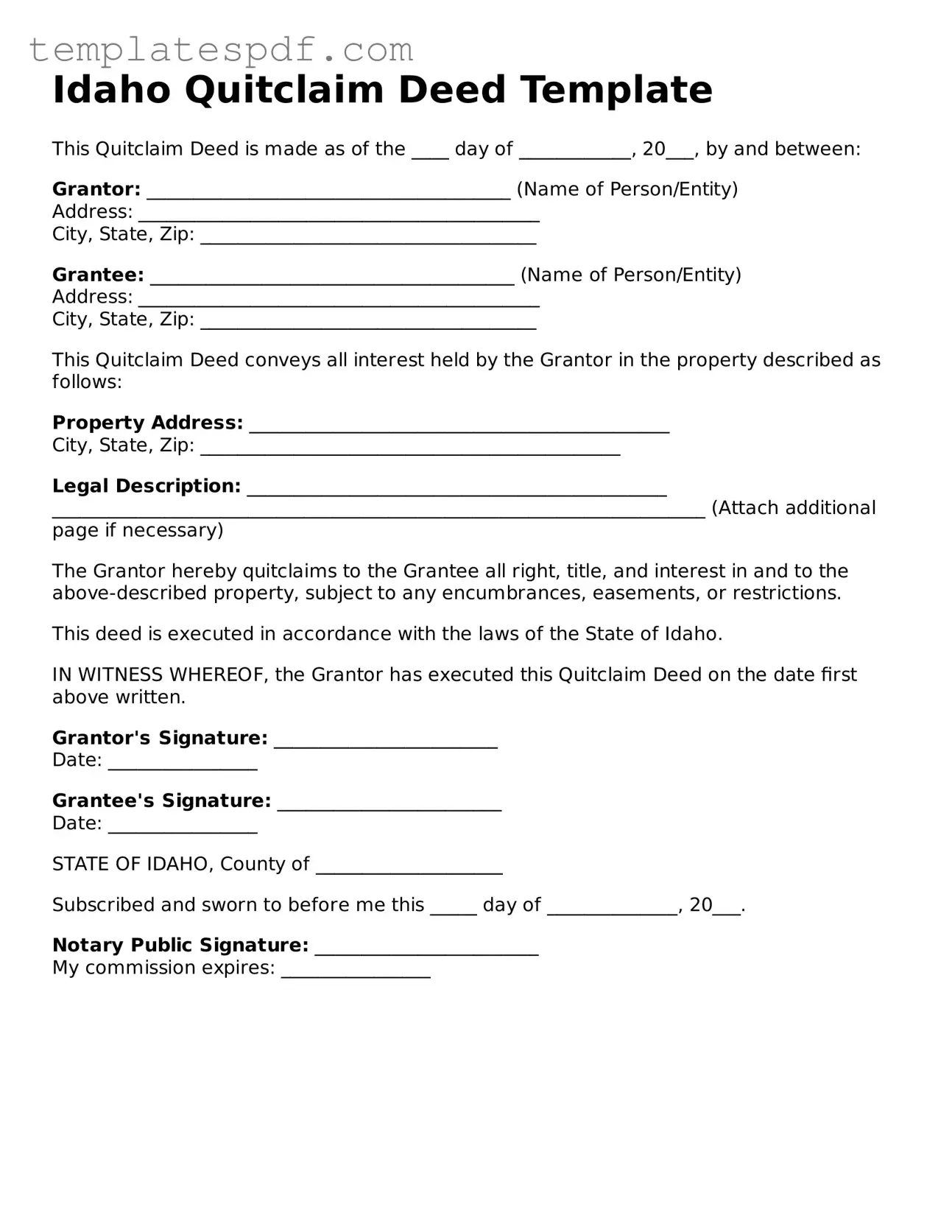 Official  Quitclaim Deed Form for Idaho