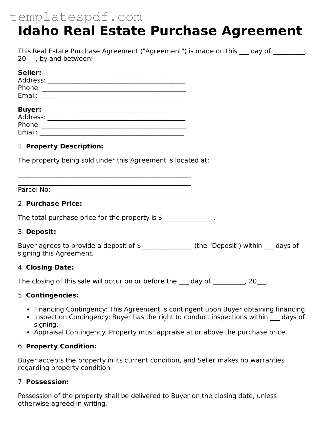Official  Real Estate Purchase Agreement Form for Idaho