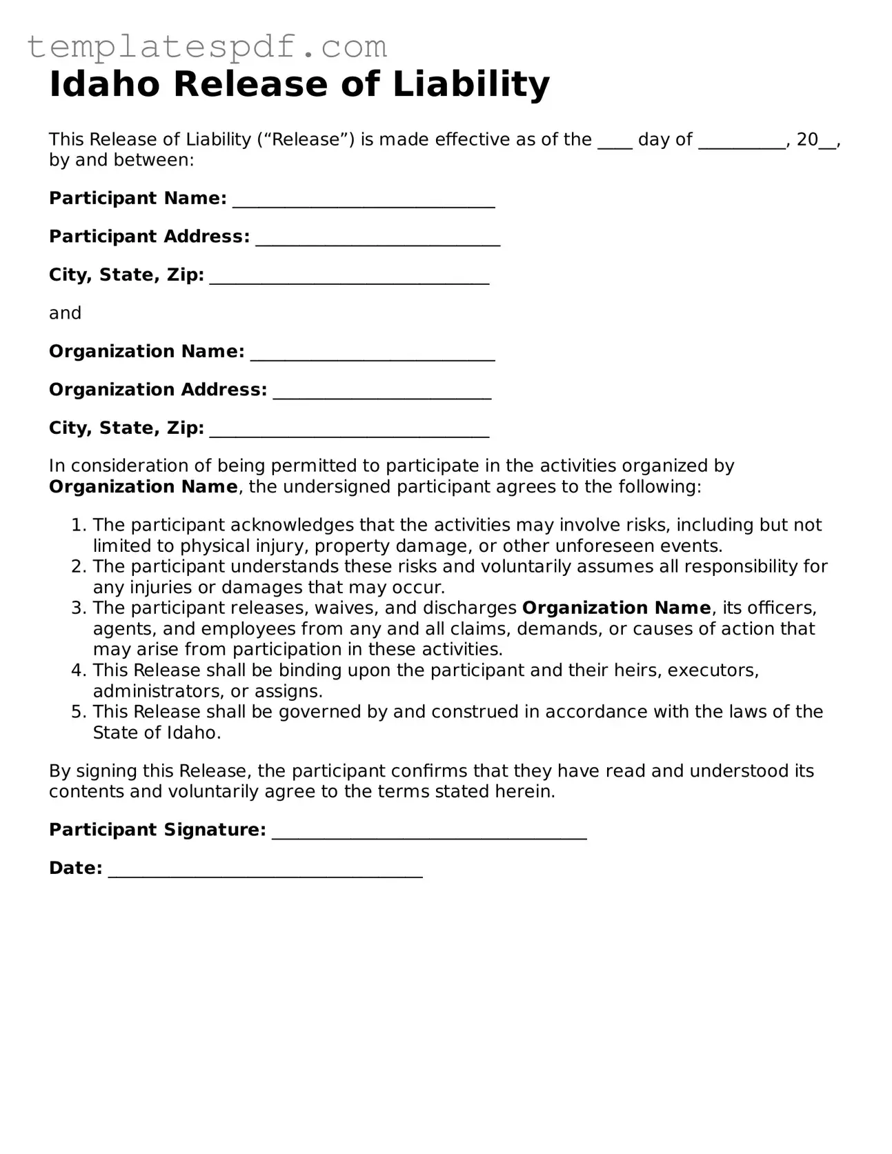 Official  Release of Liability Form for Idaho