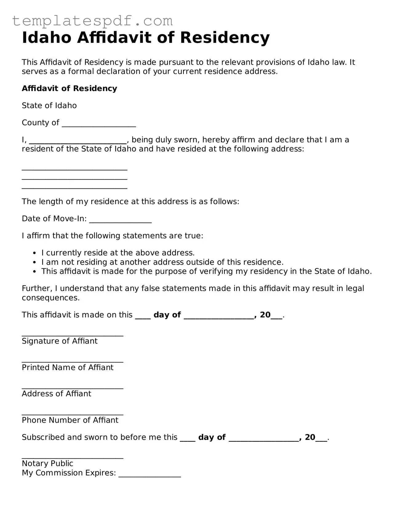 Official  Affidavit of Residency Form for Idaho