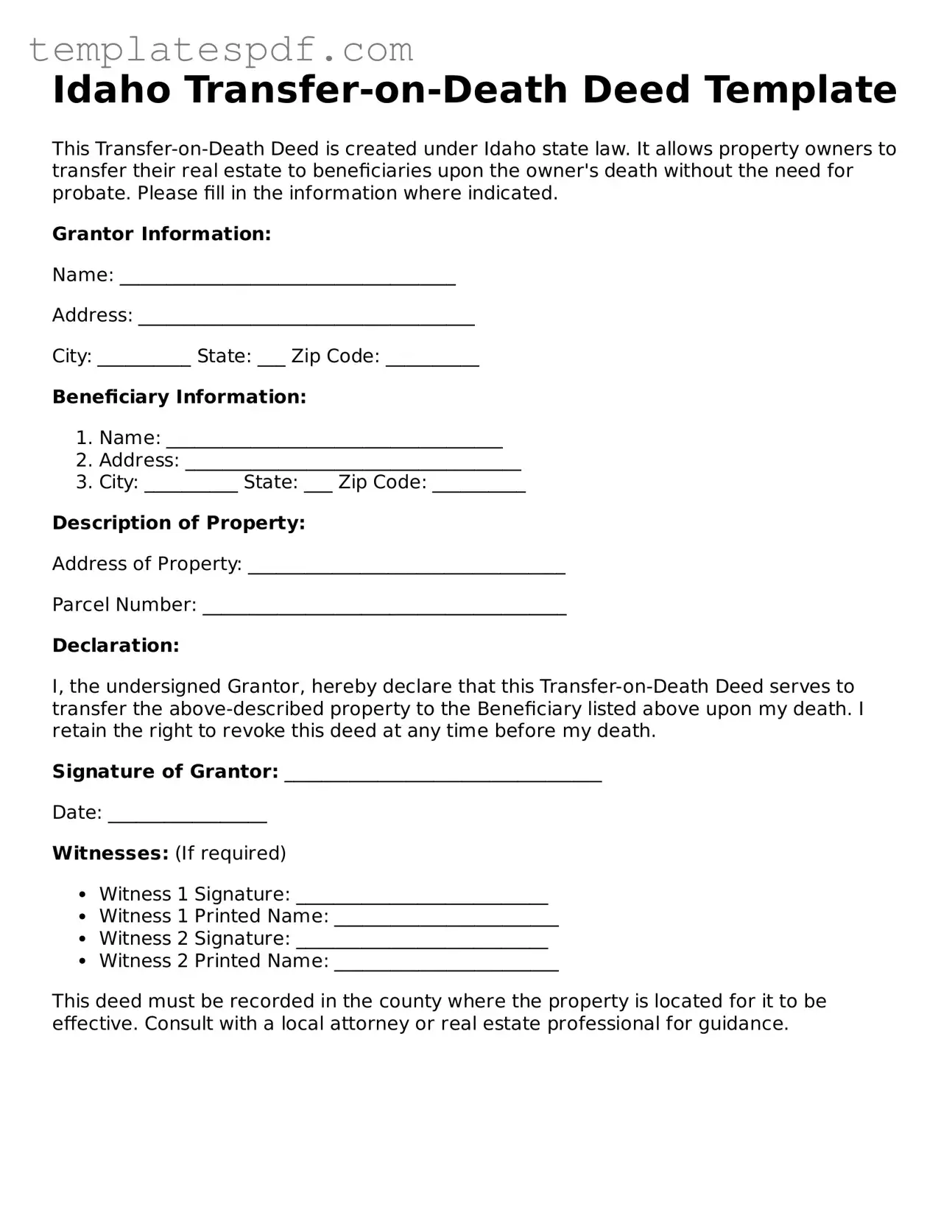 Official  Transfer-on-Death Deed Form for Idaho