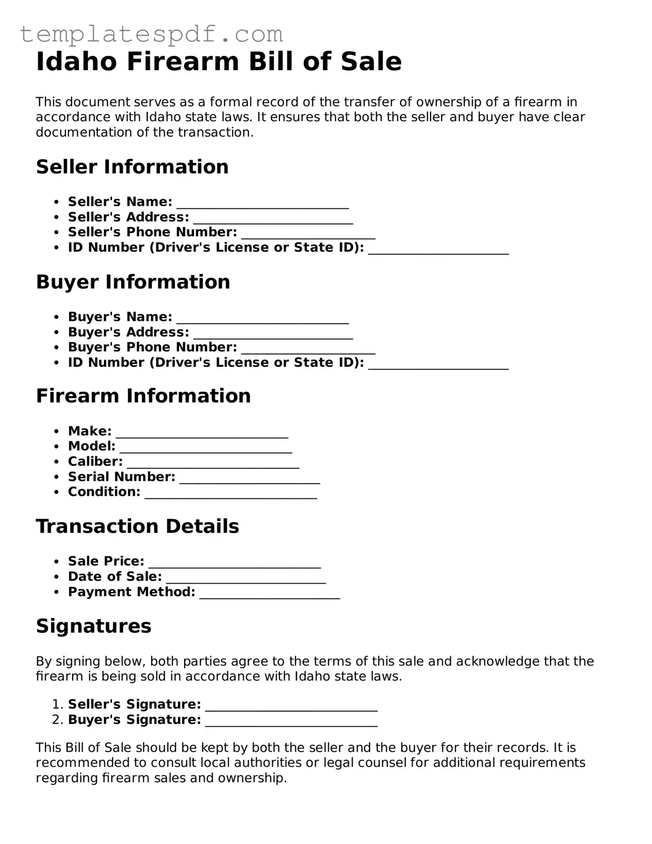 Official  Firearm Bill of Sale Form for Idaho