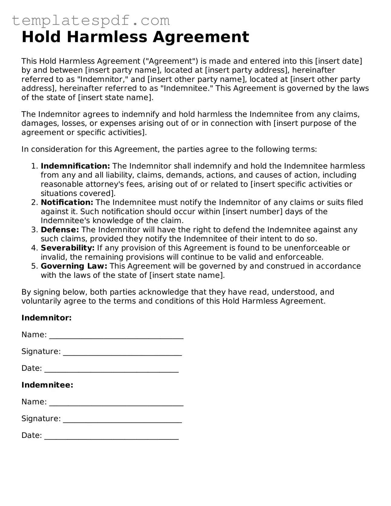 Printable Hold Harmless Agreement Form