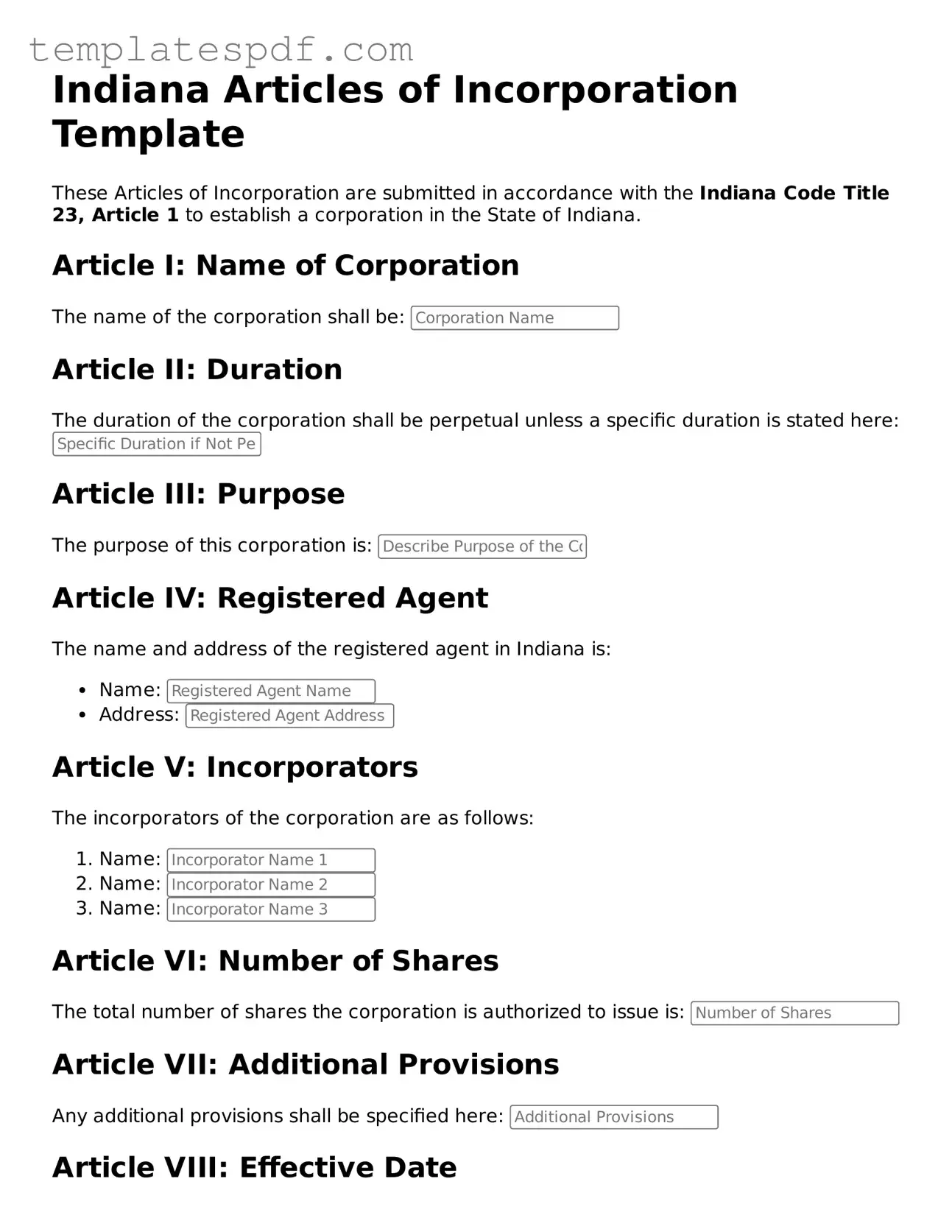 Official  Articles of Incorporation Form for Indiana