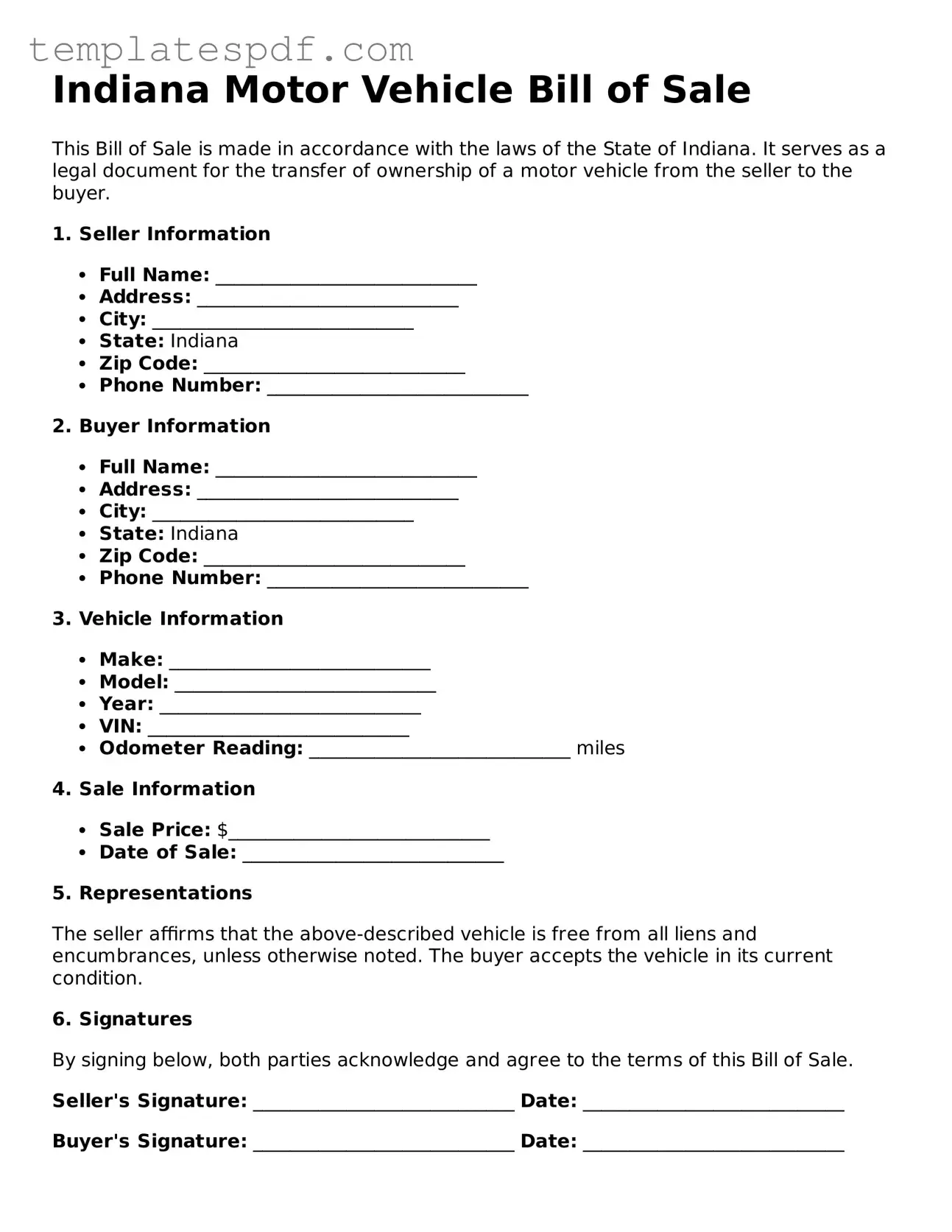Official  Motor Vehicle Bill of Sale Form for Indiana