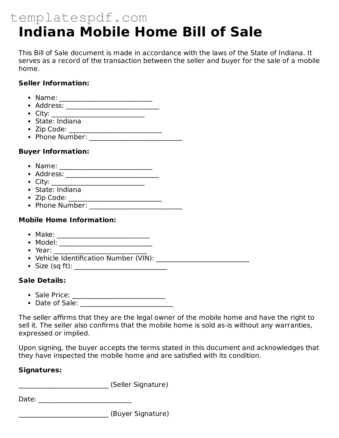Official  Mobile Home Bill of Sale Form for Indiana