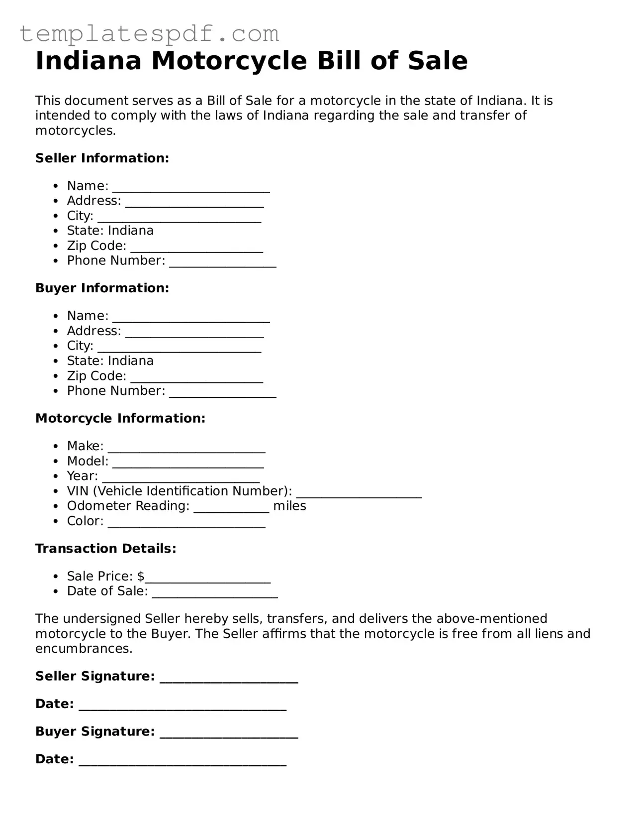 Official  Motorcycle Bill of Sale Form for Indiana