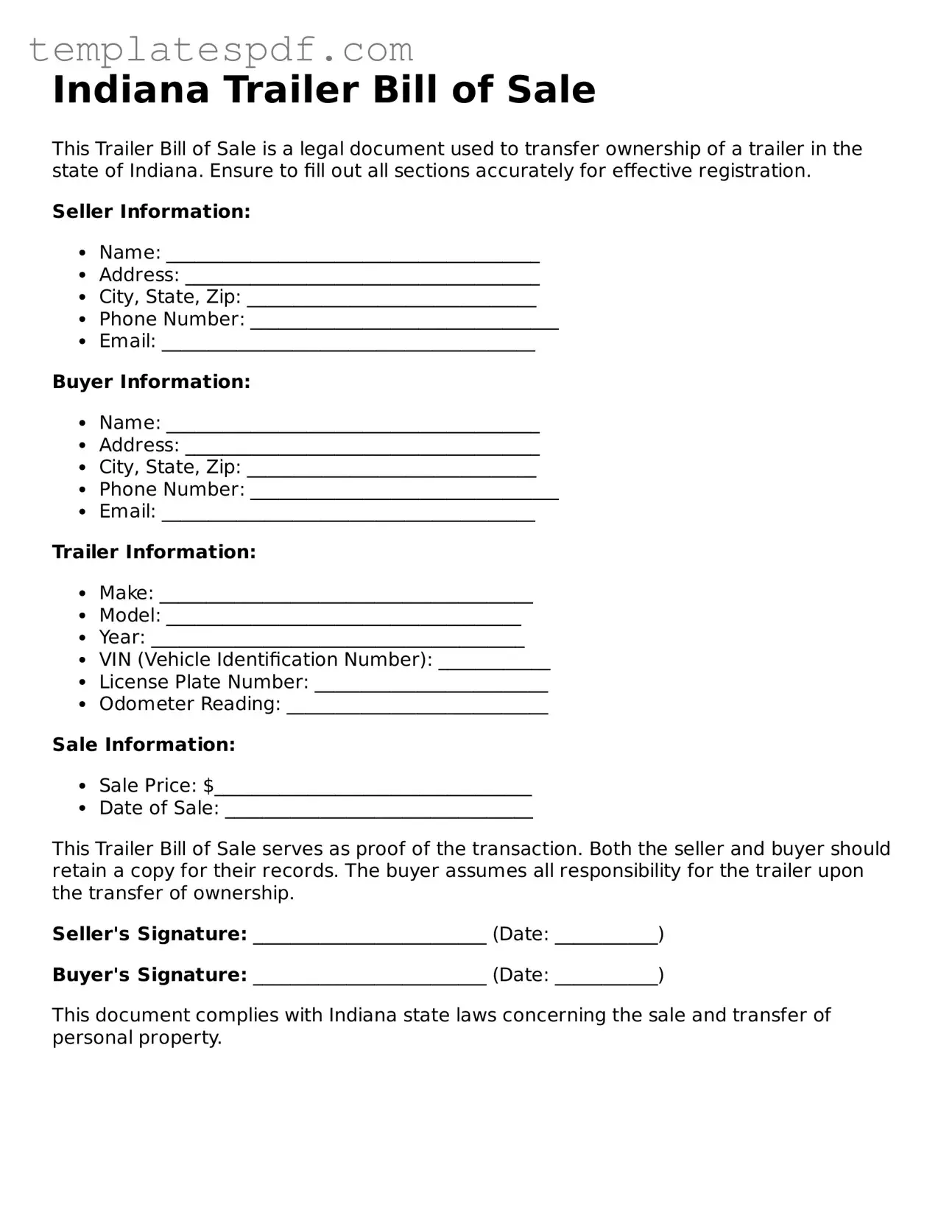 Official  Trailer Bill of Sale Form for Indiana