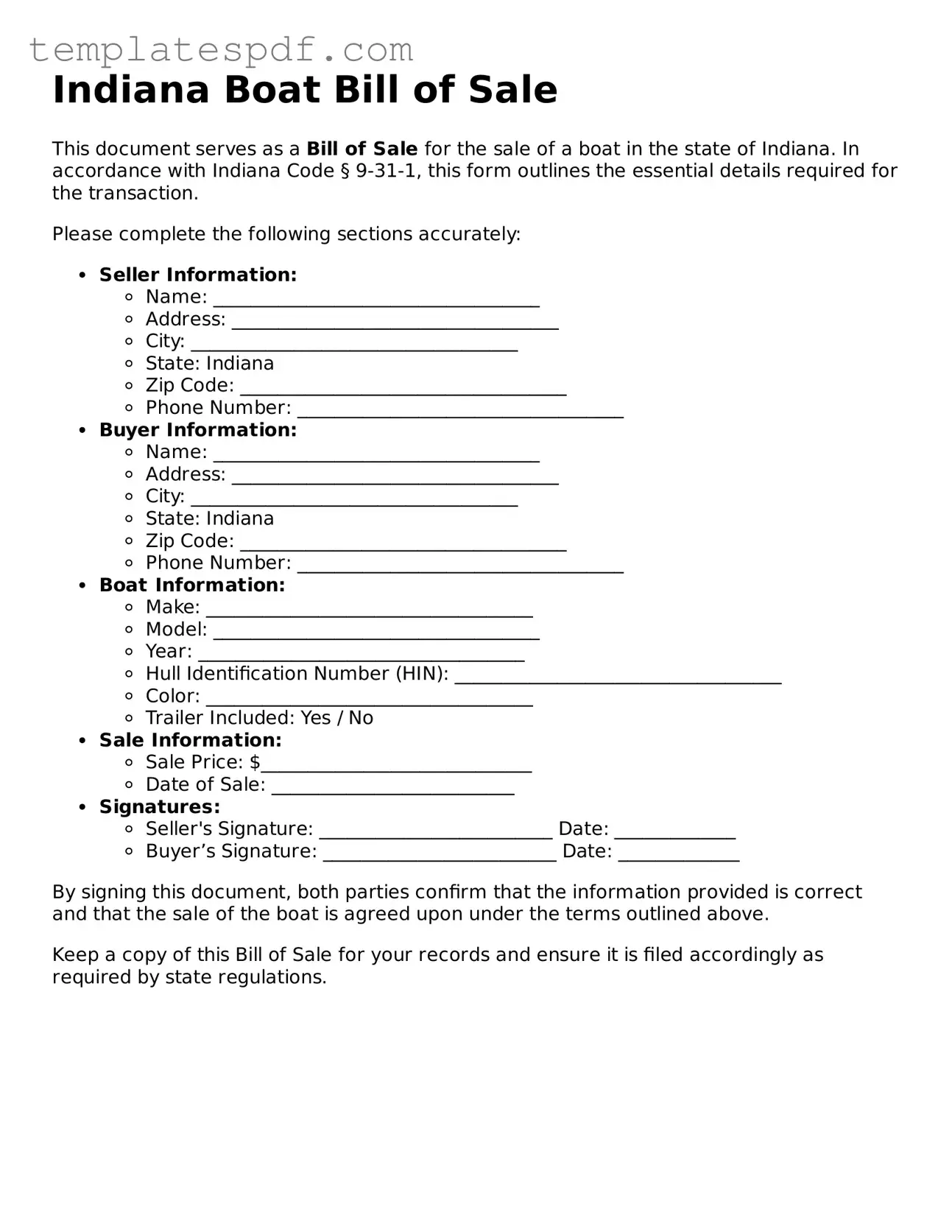 Official  Boat Bill of Sale Form for Indiana