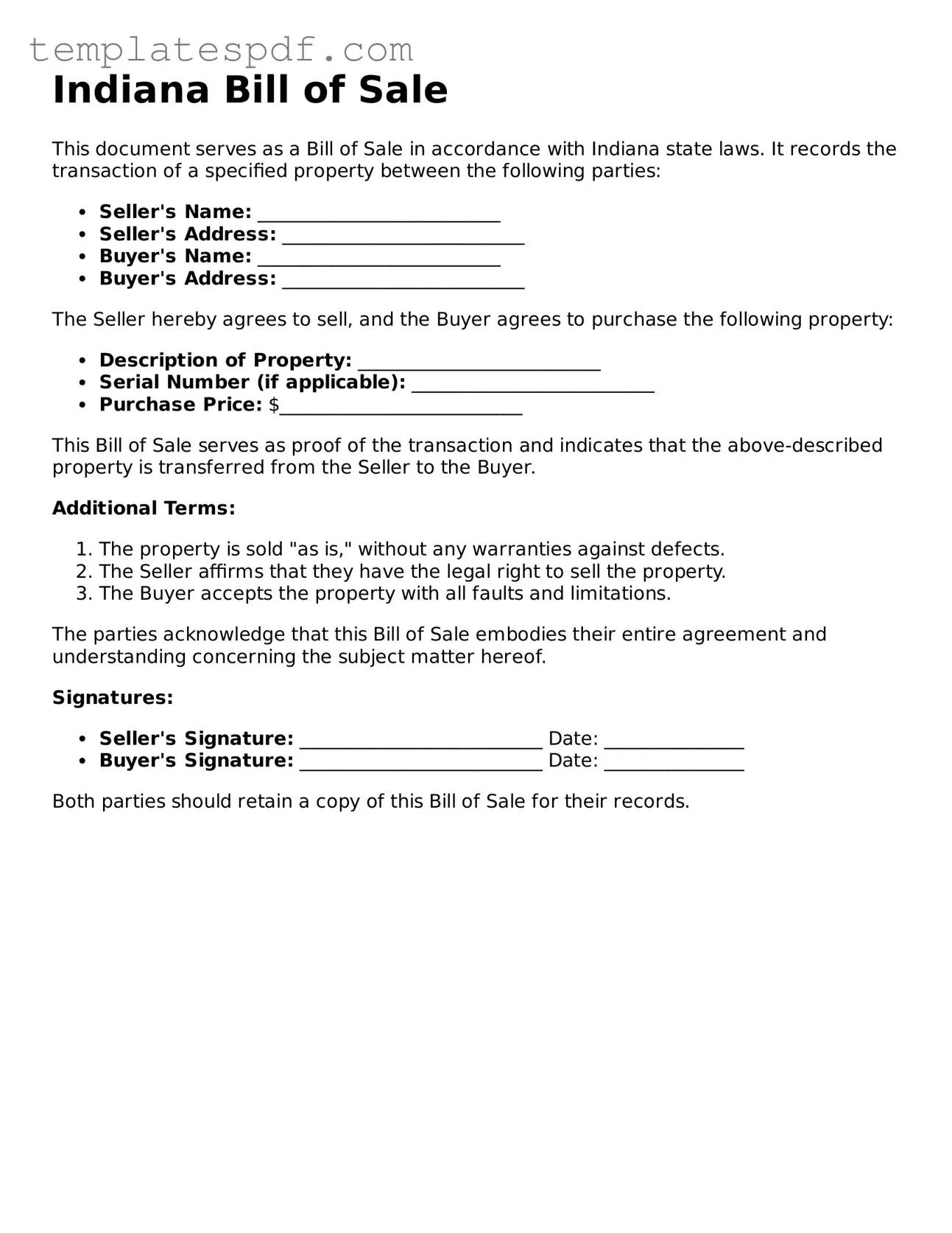 Official  Bill of Sale Form for Indiana