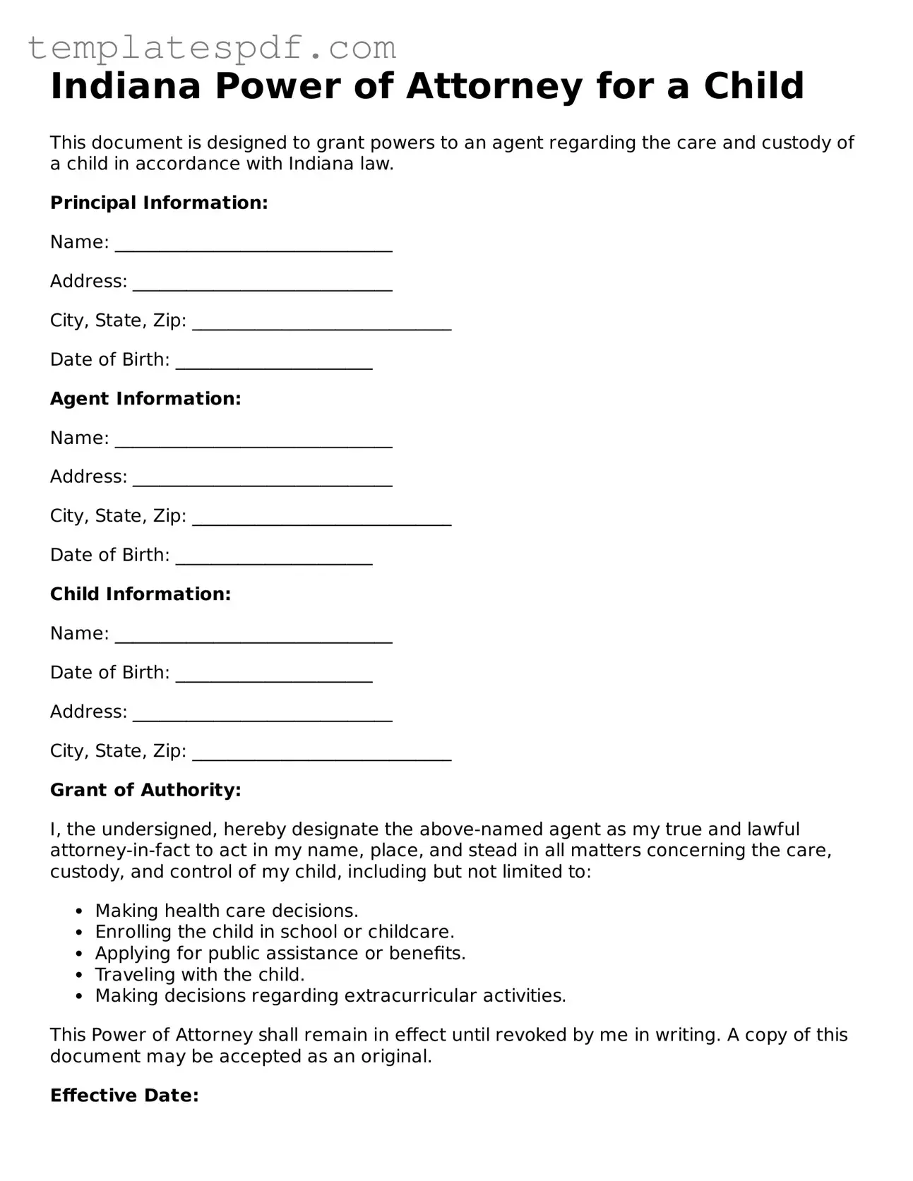 Official  Power of Attorney for a Child Form for Indiana