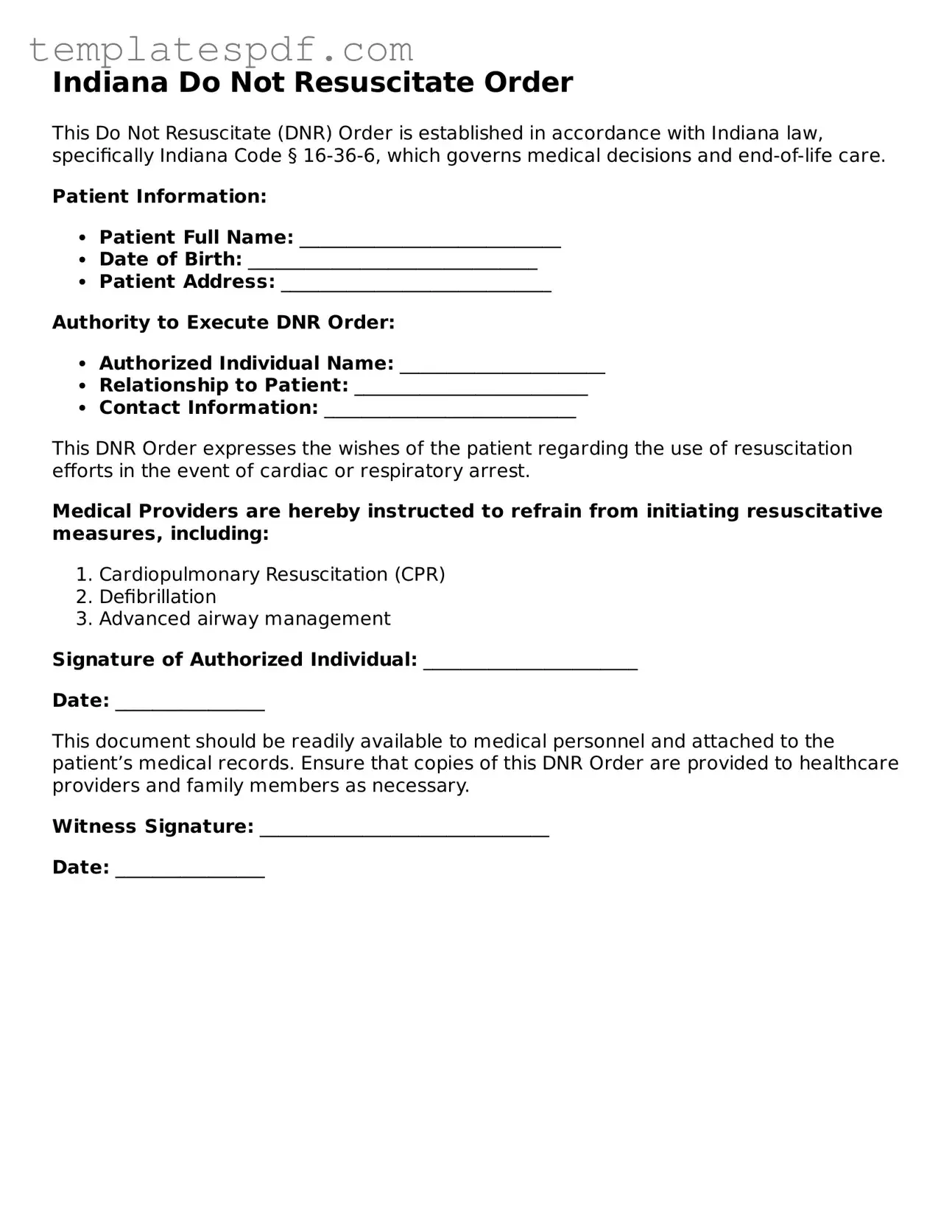 Official  Do Not Resuscitate Order Form for Indiana