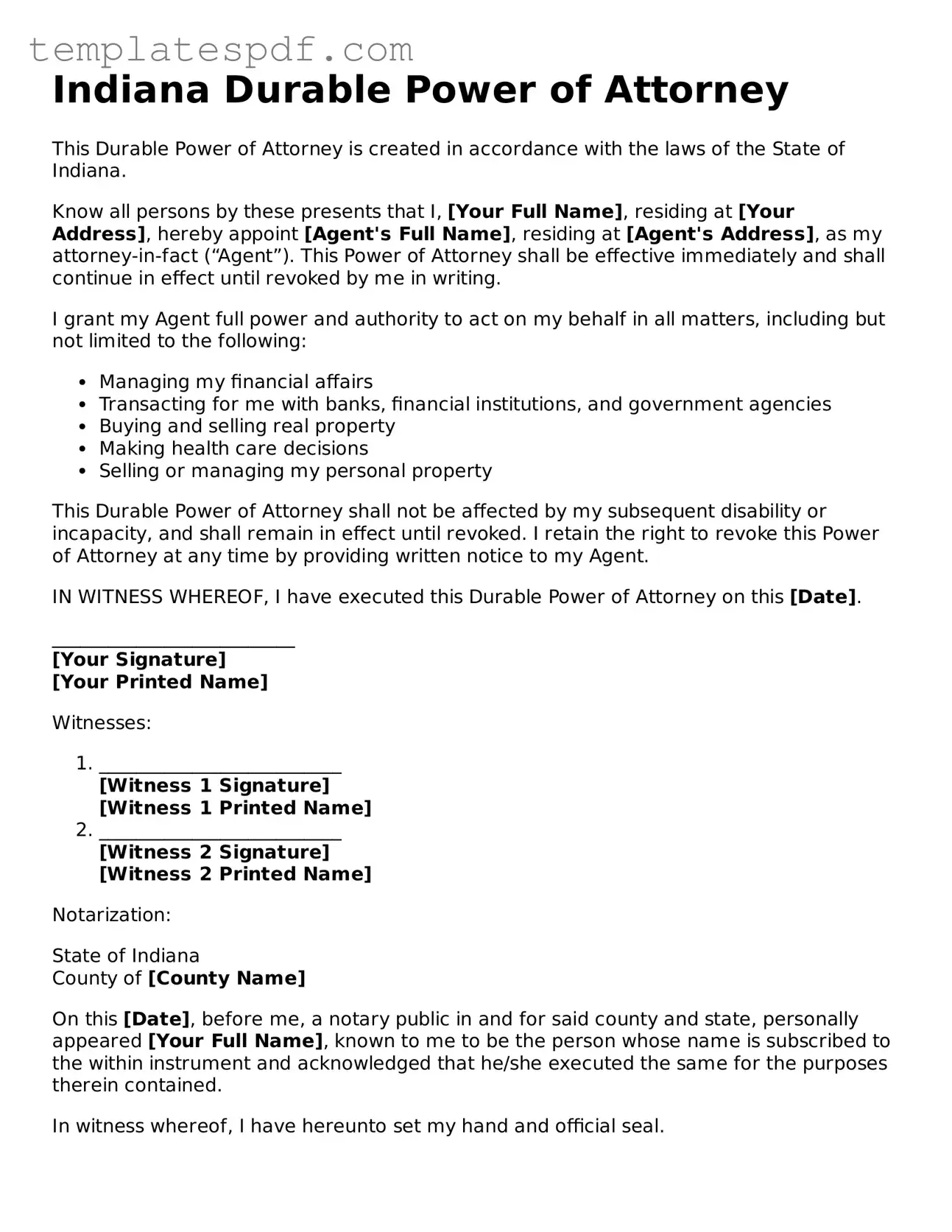 Official  Durable Power of Attorney Form for Indiana