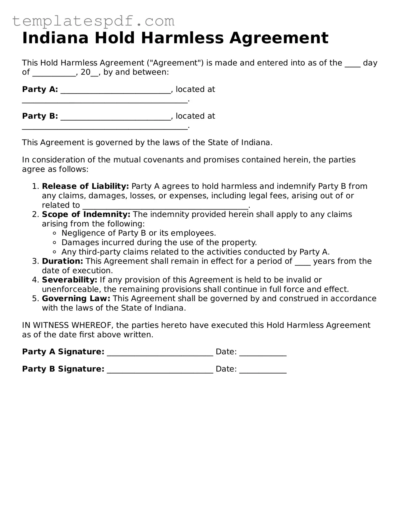 Official  Hold Harmless Agreement Form for Indiana