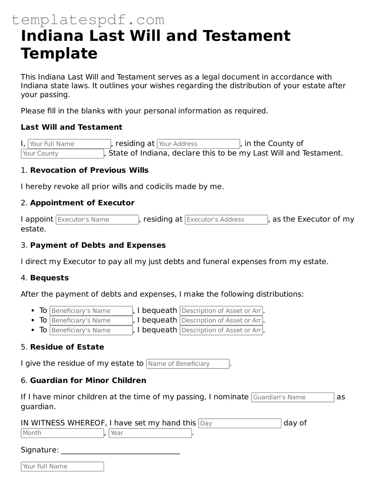 Official  Last Will and Testament Form for Indiana