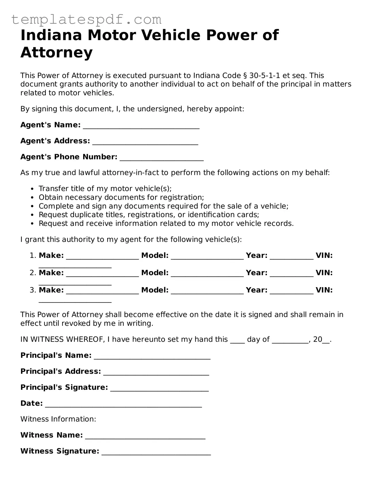 Official  Motor Vehicle Power of Attorney Form for Indiana