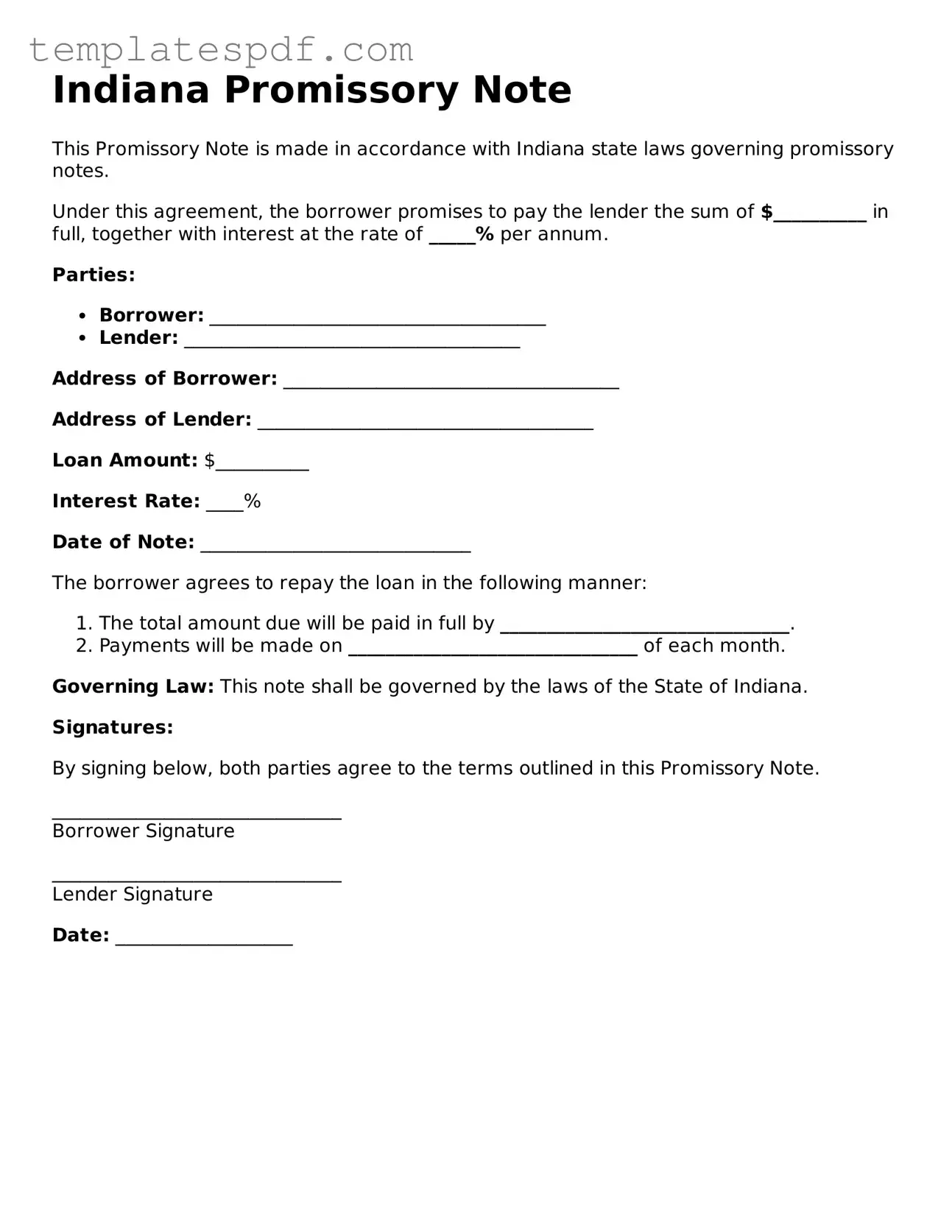 Official  Promissory Note Form for Indiana