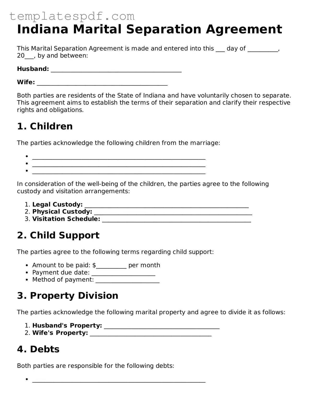 Official  Marital Separation Agreement Form for Indiana