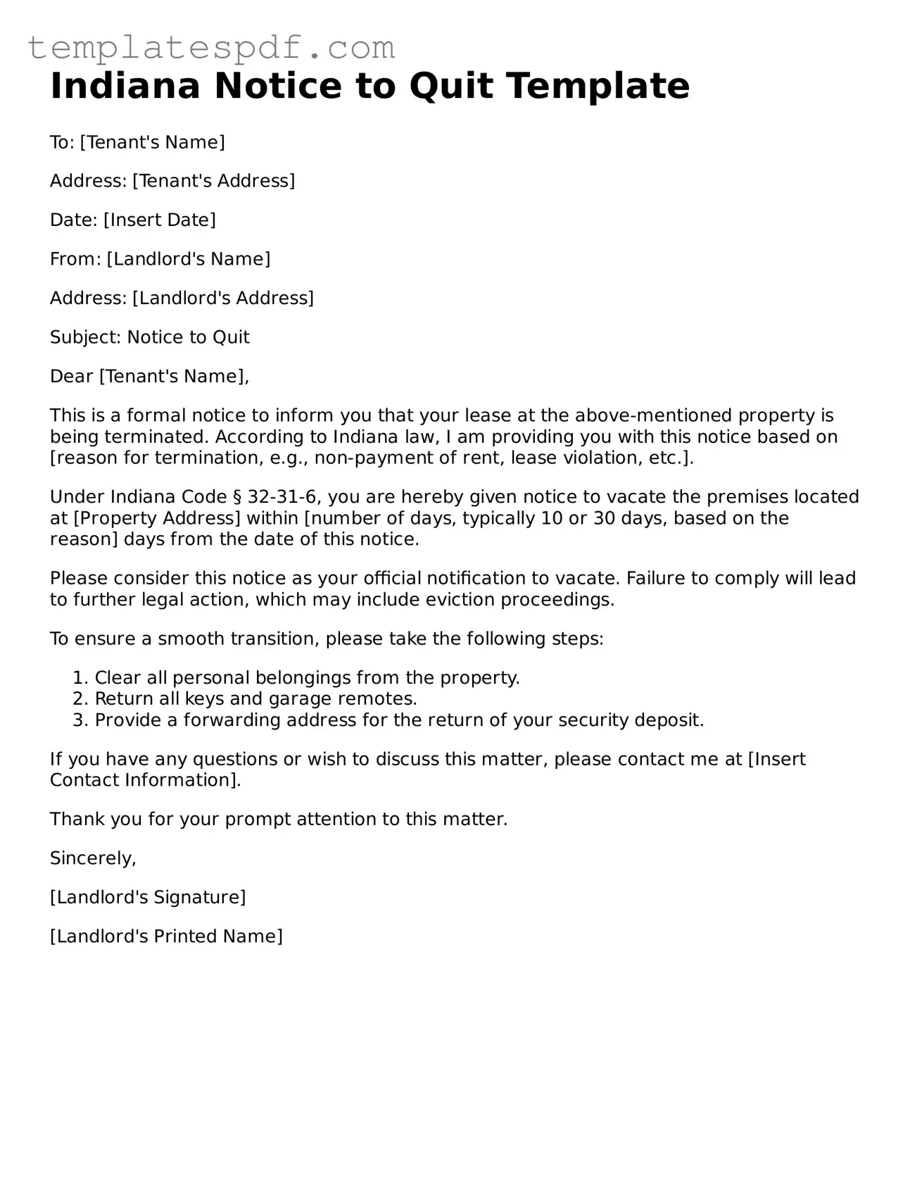 Official  Notice to Quit Form for Indiana