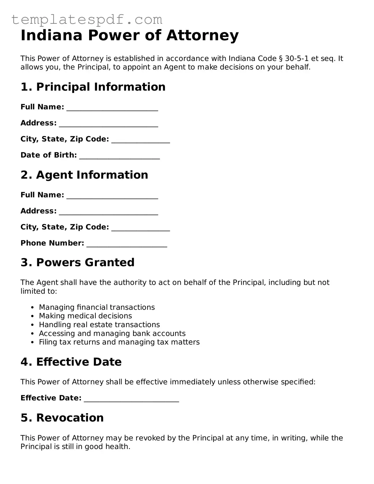 Official  Power of Attorney Form for Indiana