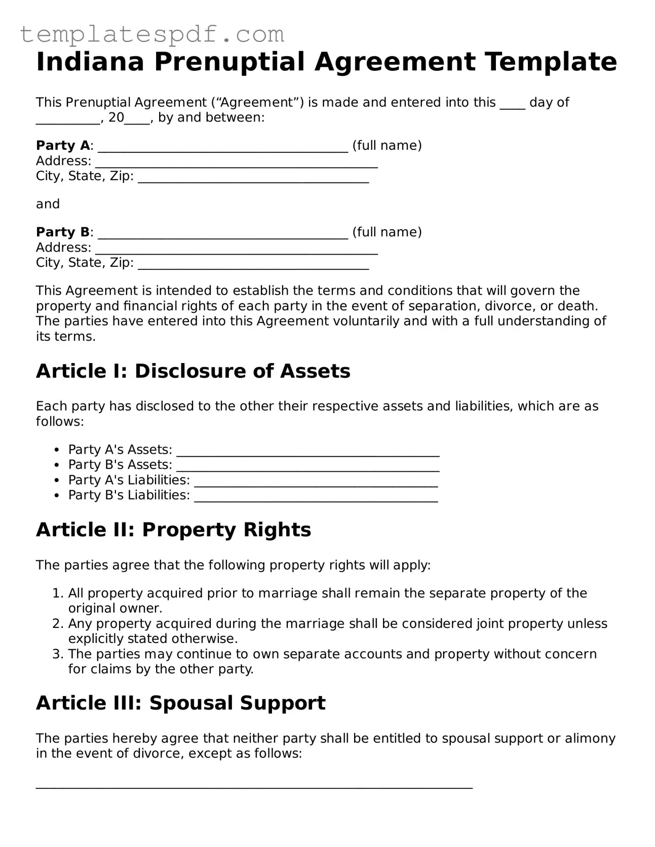 Official  Prenuptial Agreement Form for Indiana