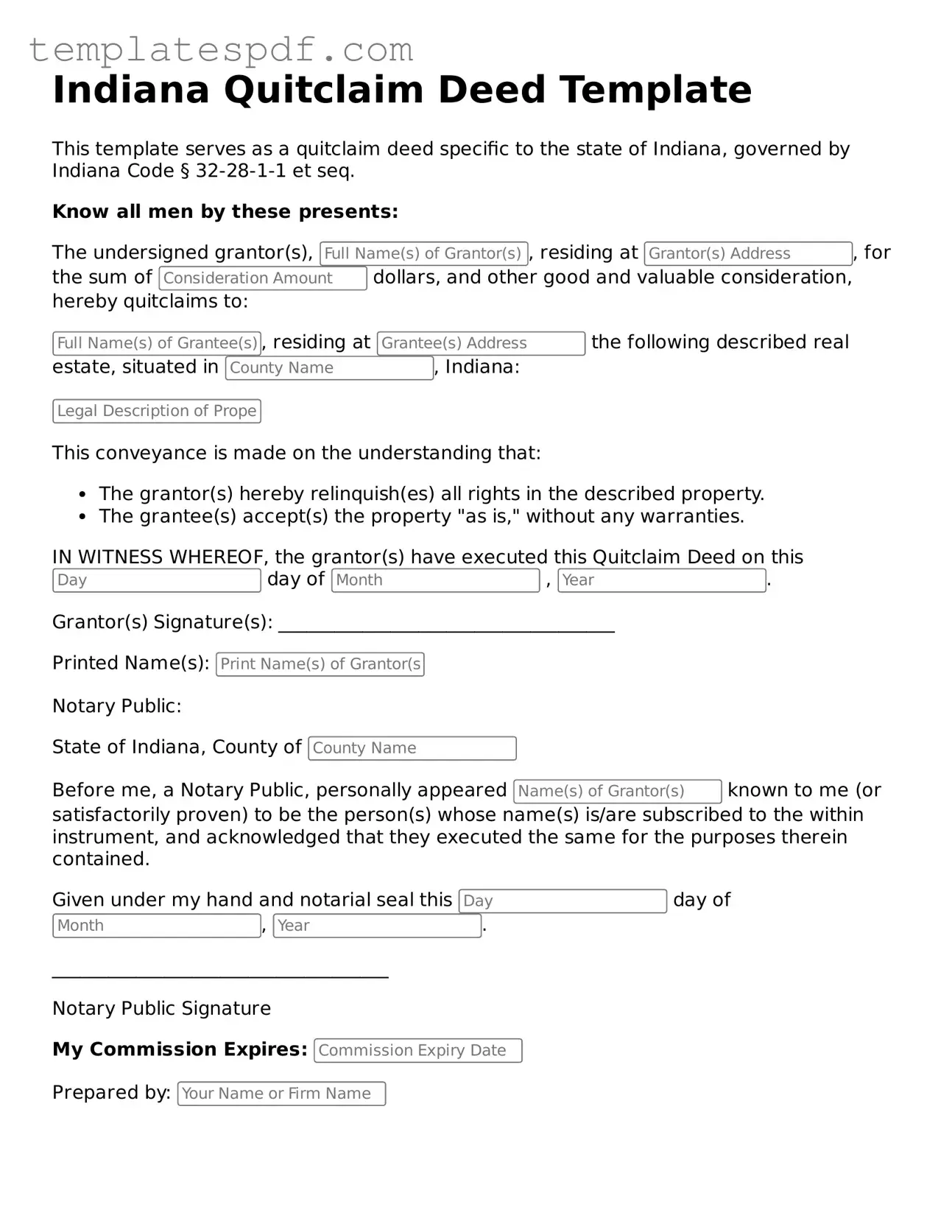 Official  Quitclaim Deed Form for Indiana