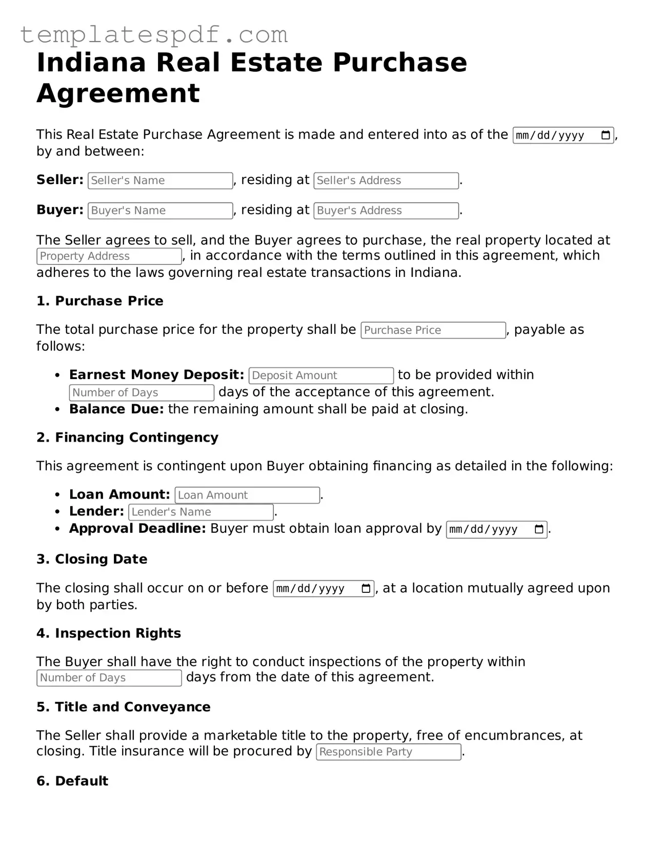 Official  Real Estate Purchase Agreement Form for Indiana