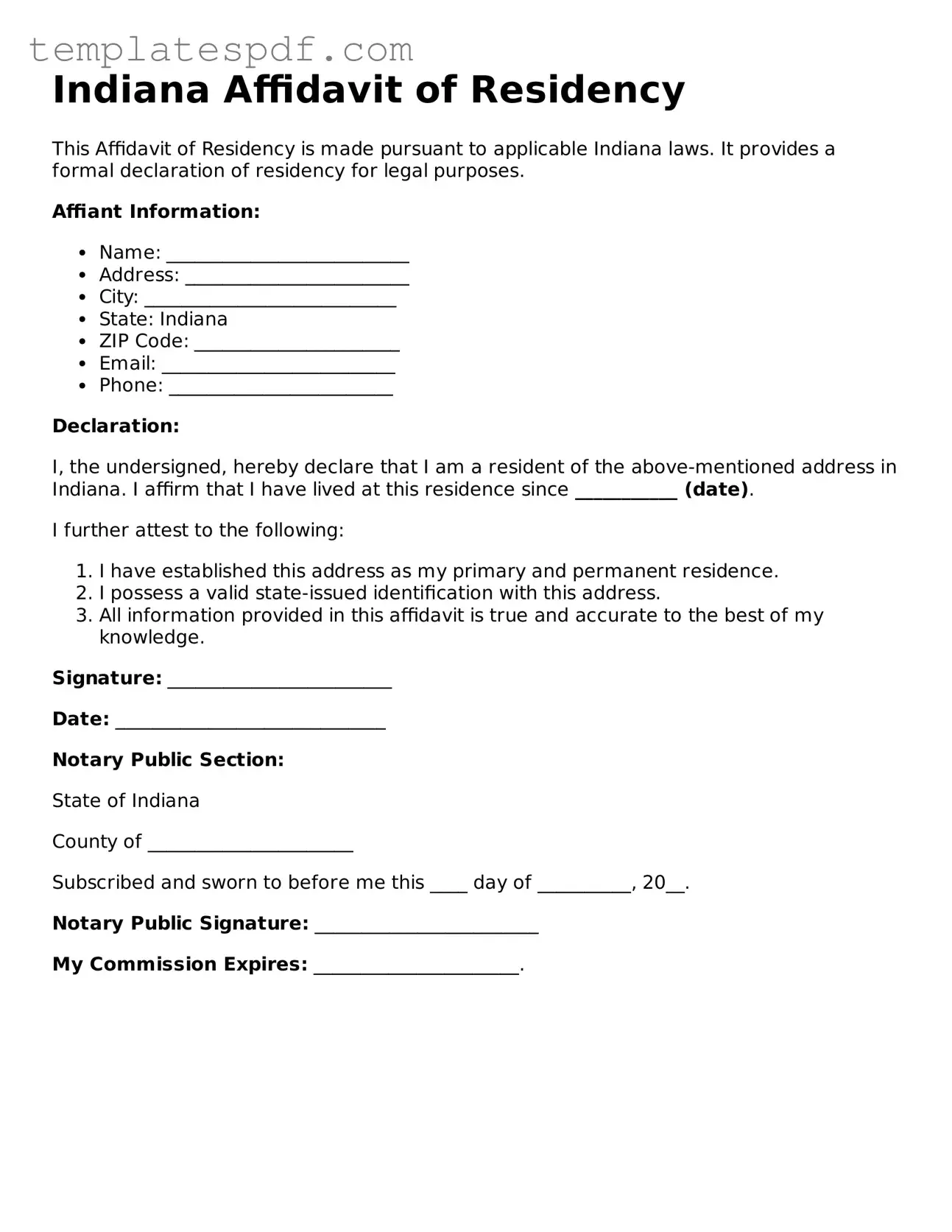 Official  Affidavit of Residency Form for Indiana
