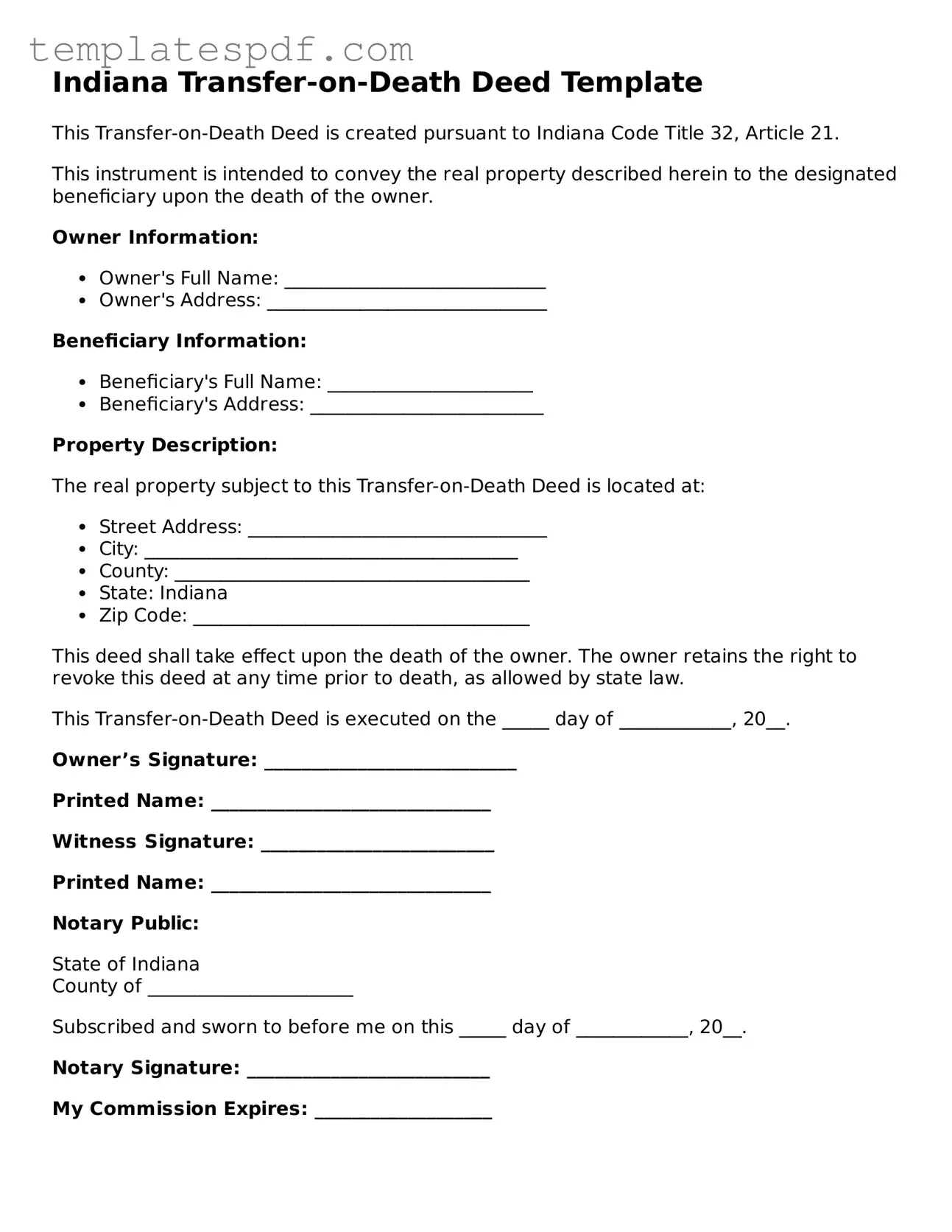 Official  Transfer-on-Death Deed Form for Indiana