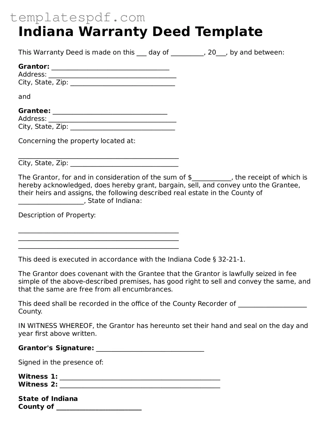 Official  Deed Form for Indiana