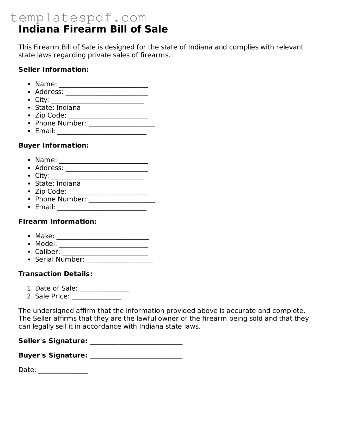 Official  Firearm Bill of Sale Form for Indiana
