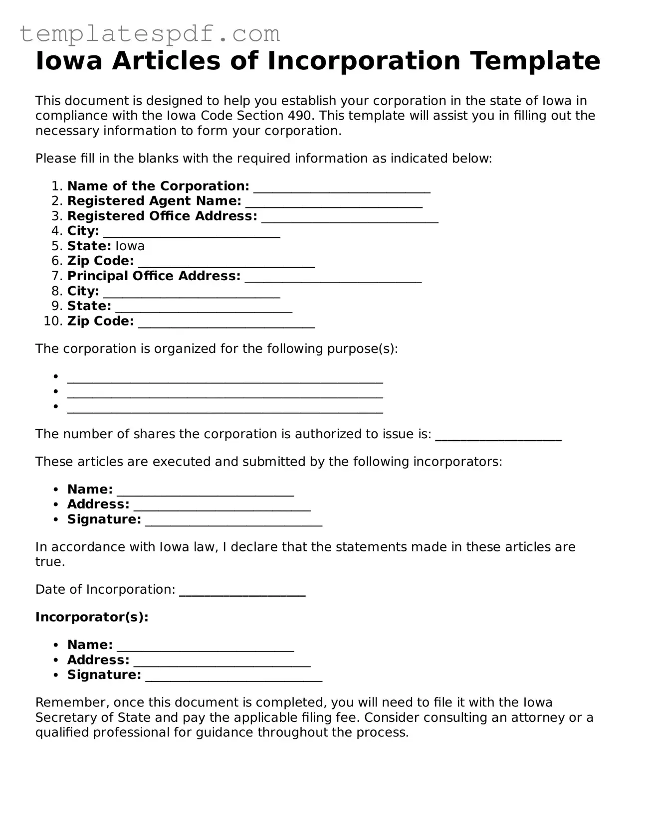 Official  Articles of Incorporation Form for Iowa