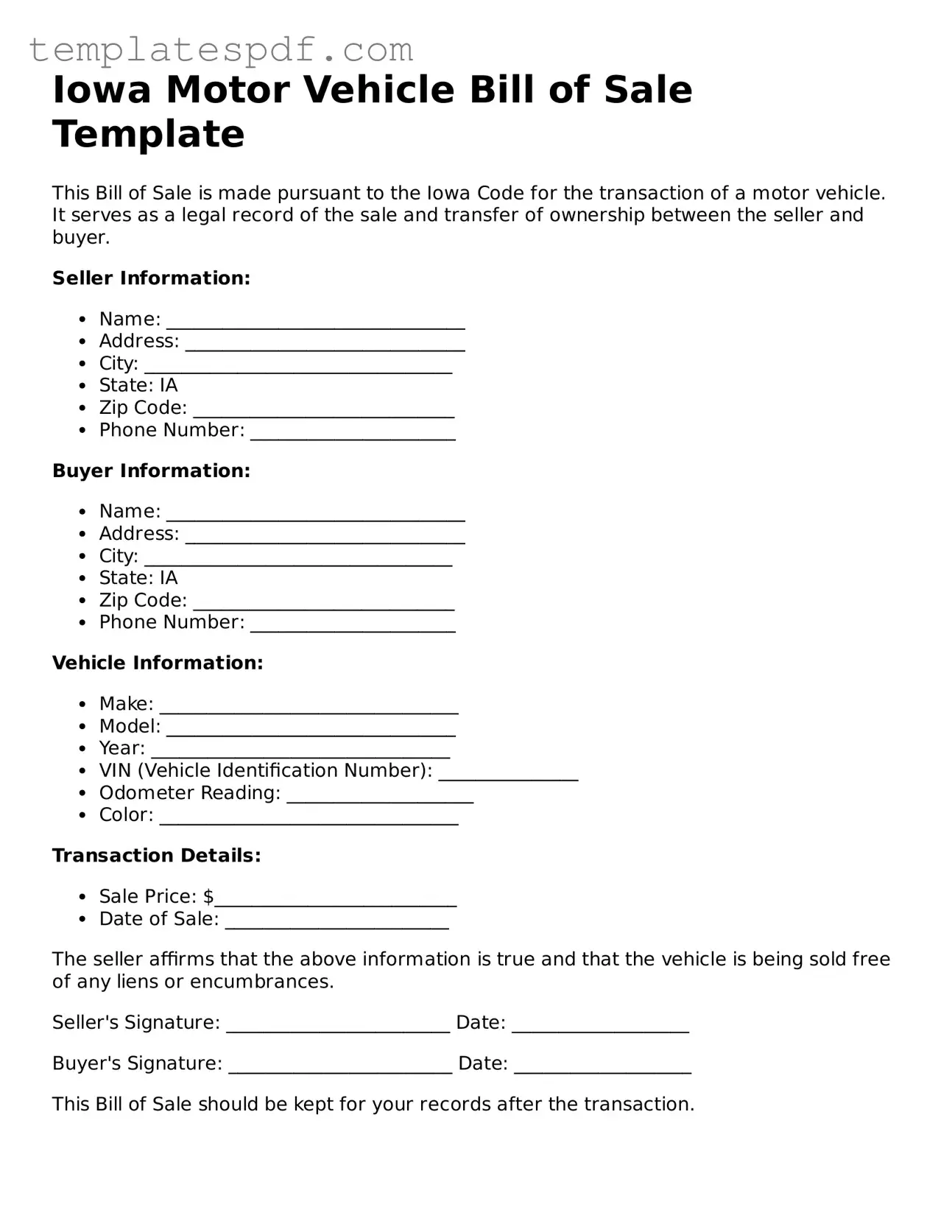Official  Motor Vehicle Bill of Sale Form for Iowa