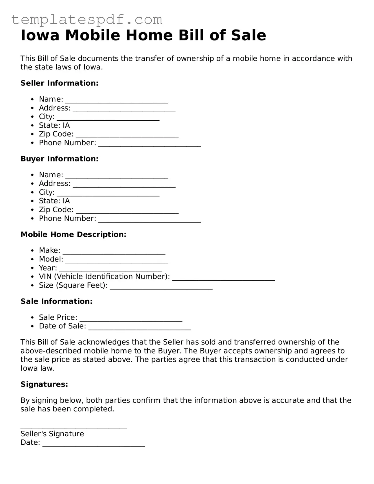 Official  Mobile Home Bill of Sale Form for Iowa