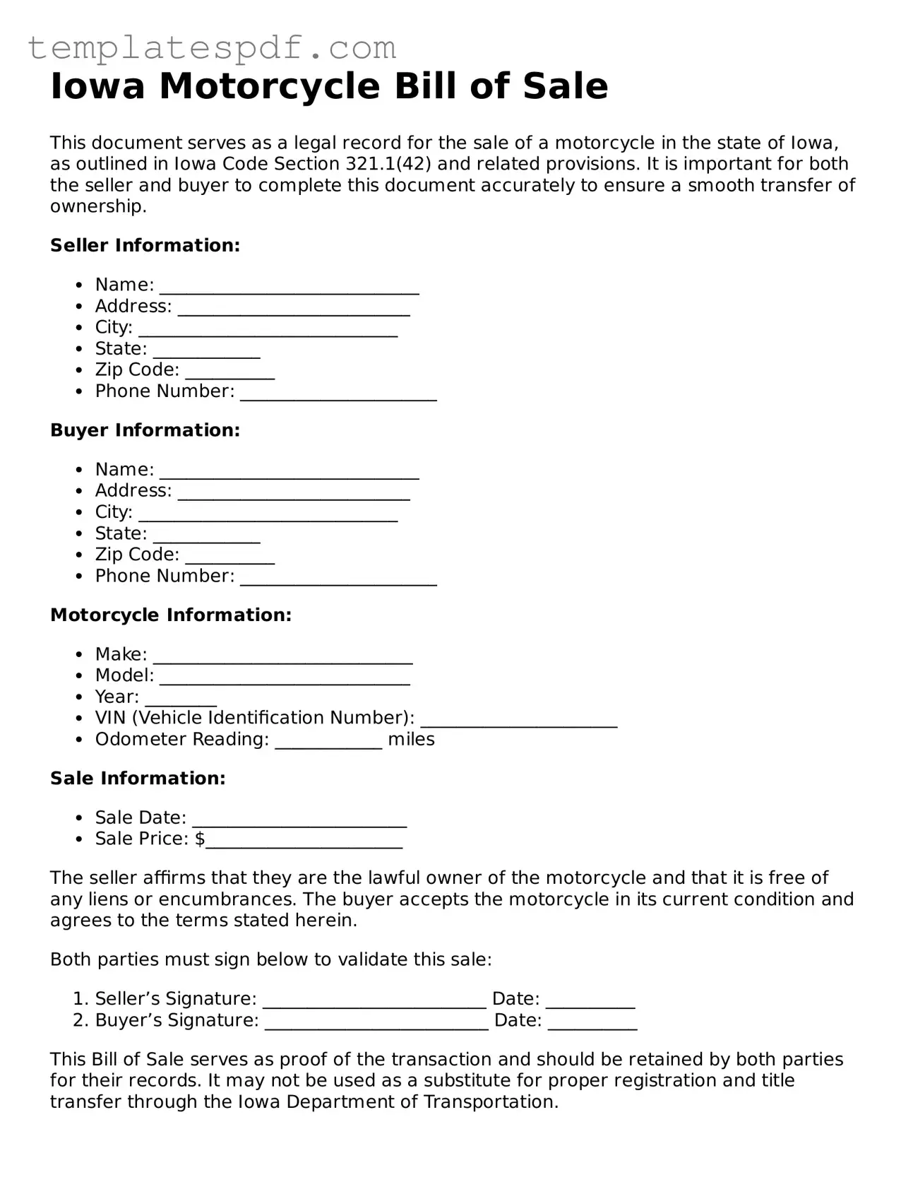 Official  Motorcycle Bill of Sale Form for Iowa