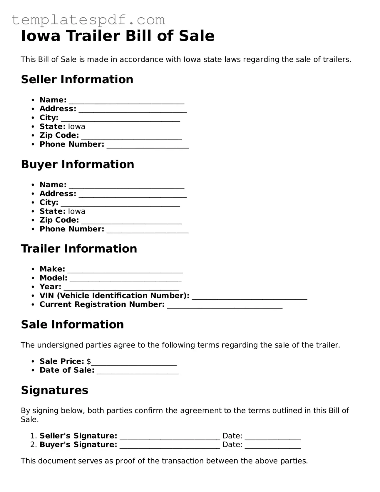 Official  Trailer Bill of Sale Form for Iowa