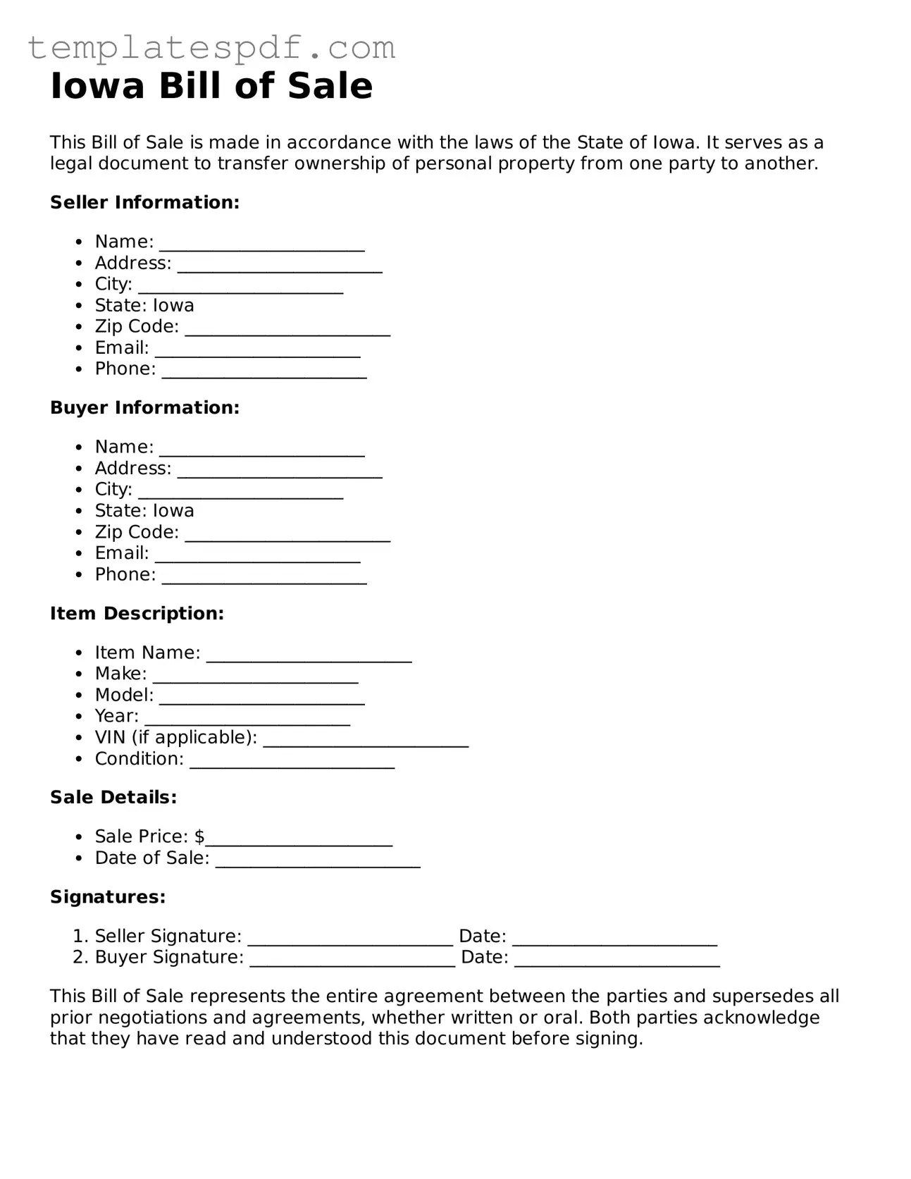 Official  Bill of Sale Form for Iowa