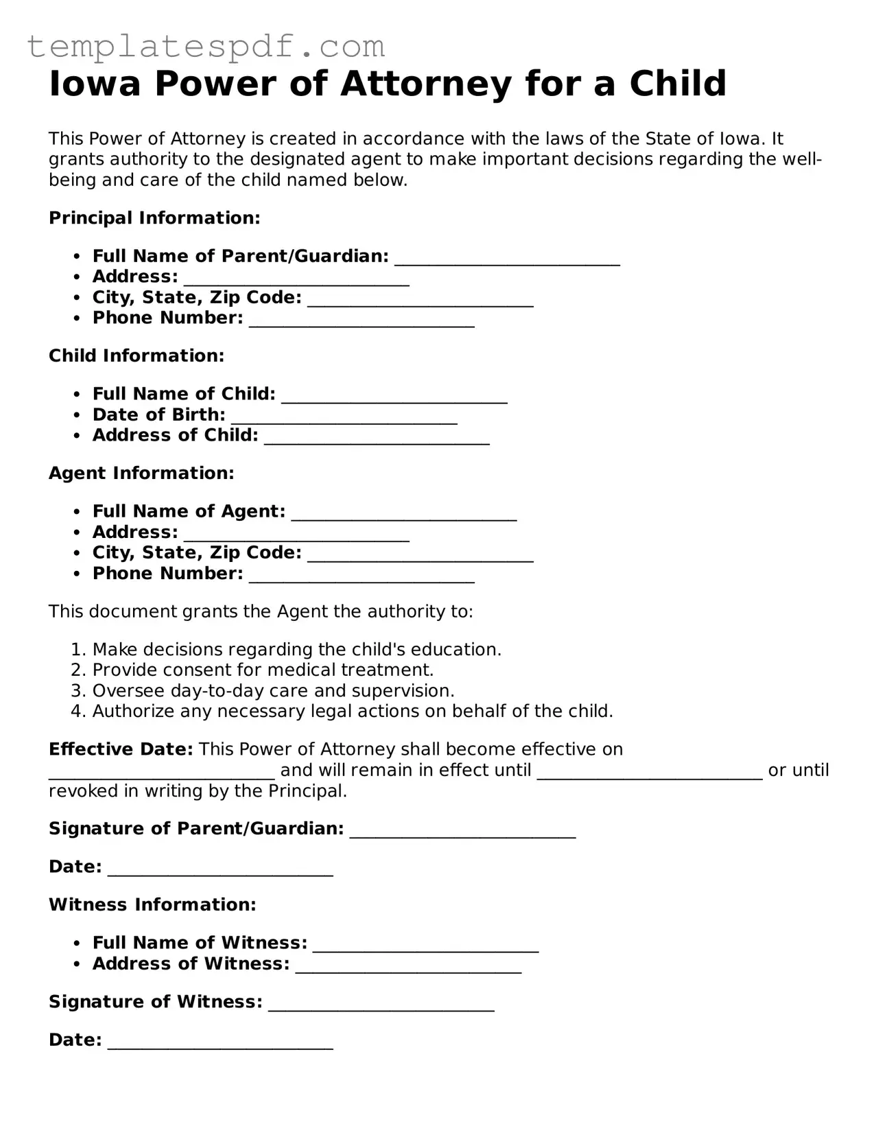 Official  Power of Attorney for a Child Form for Iowa