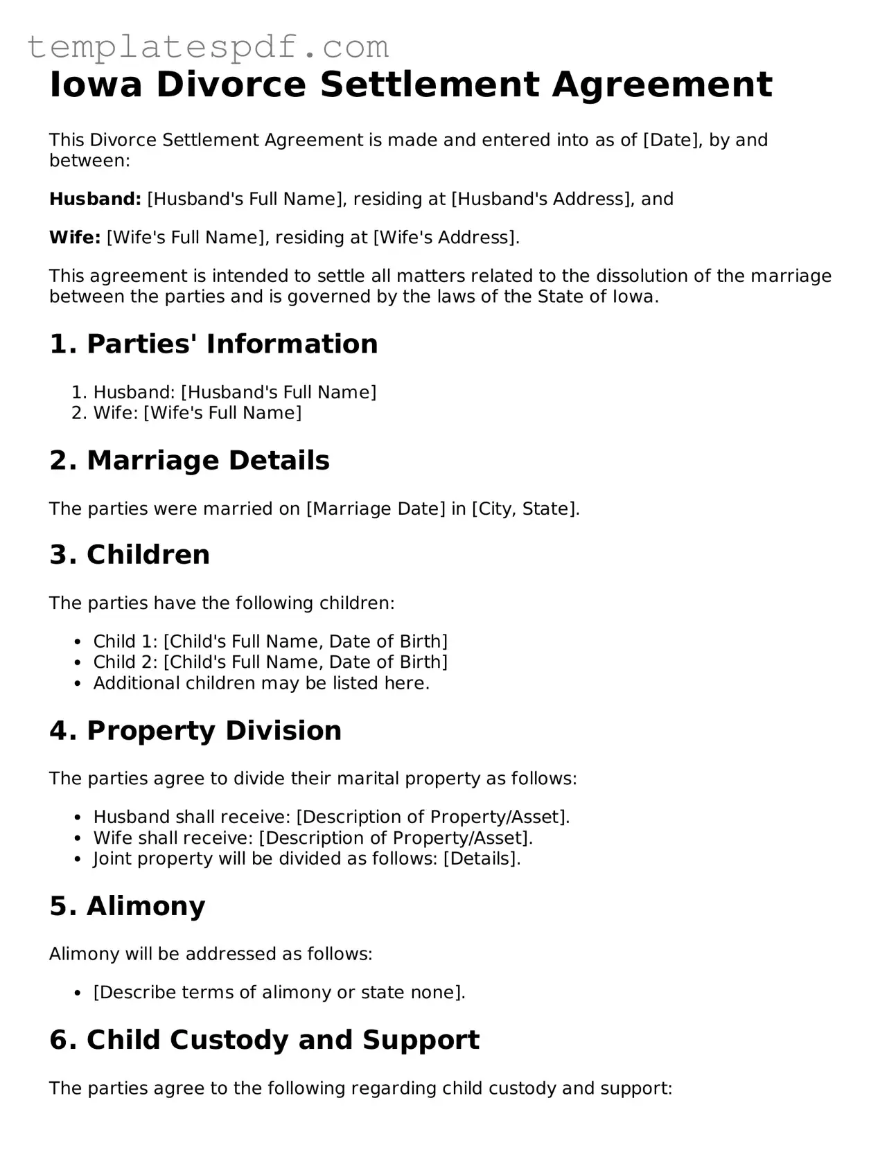 Official  Divorce Settlement Agreement Form for Iowa