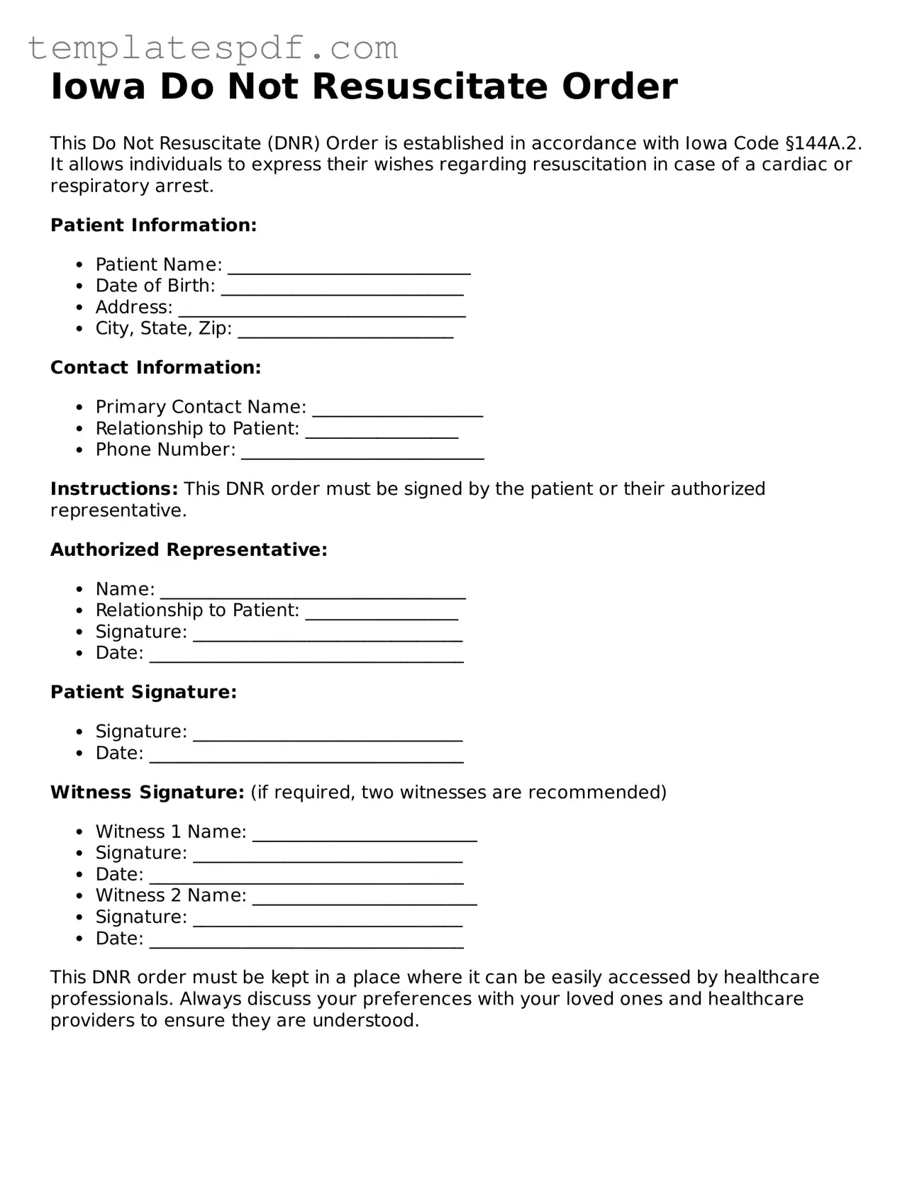 Official  Do Not Resuscitate Order Form for Iowa