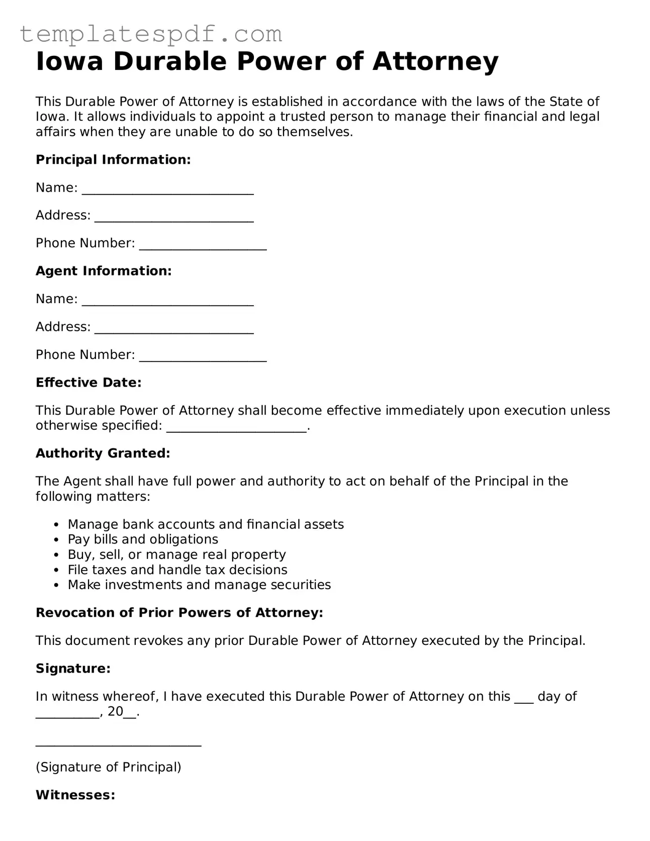 Official  Durable Power of Attorney Form for Iowa