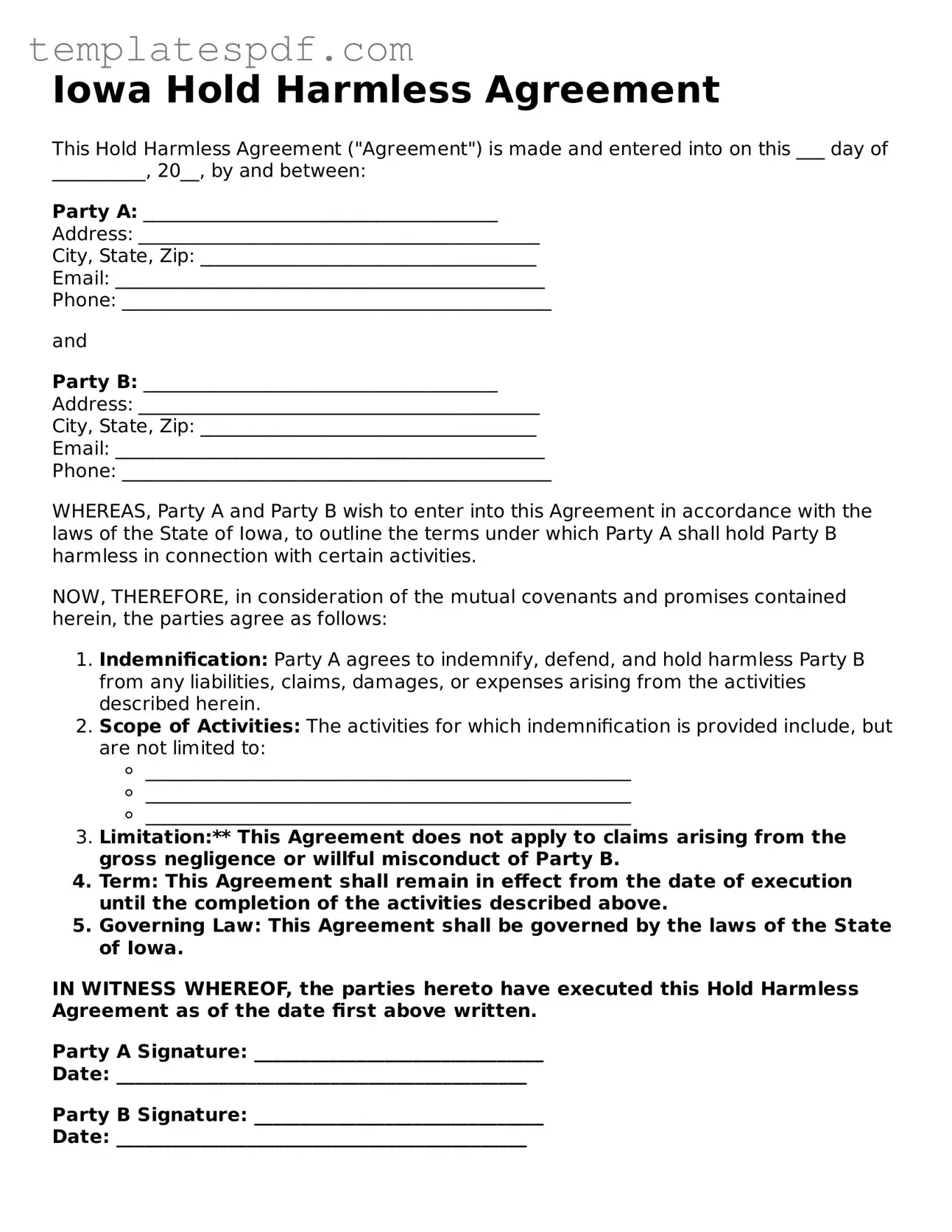 Official  Hold Harmless Agreement Form for Iowa